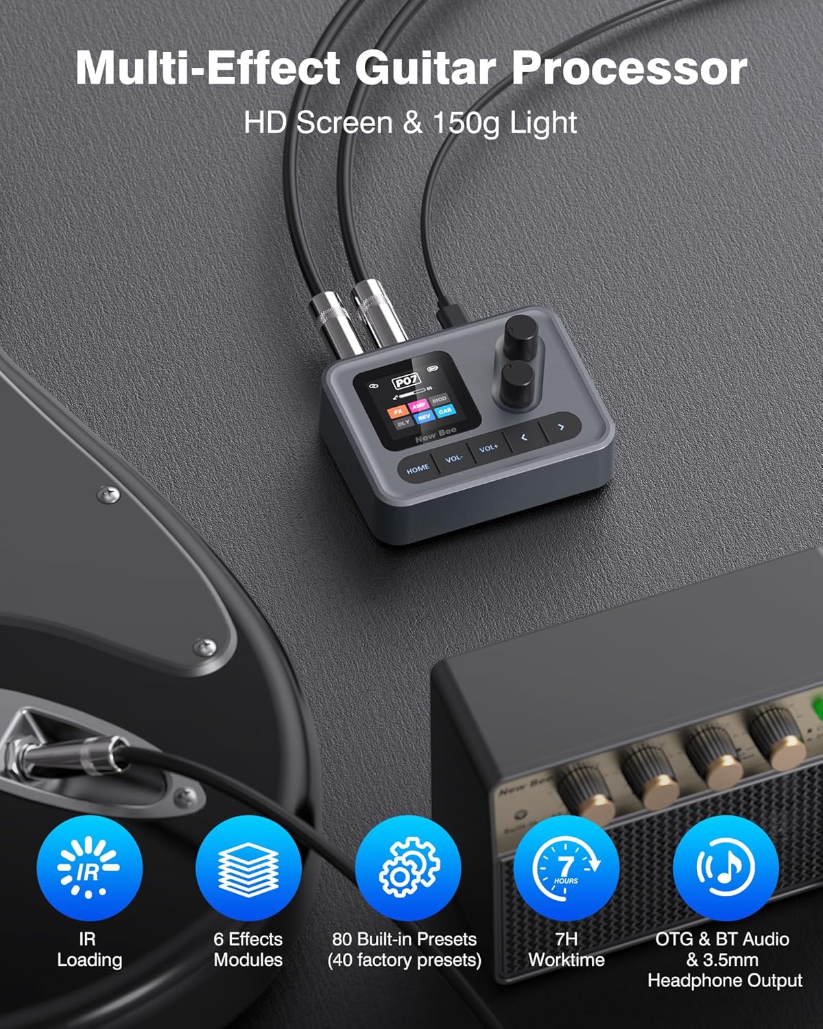 Guitar Multi Effects 6 Module 80 Editable Effects with 16pcs Picks 4 Different Thickness Colorful Guitar Pick for Electric Guitar, Acoustic Guitar, Bass