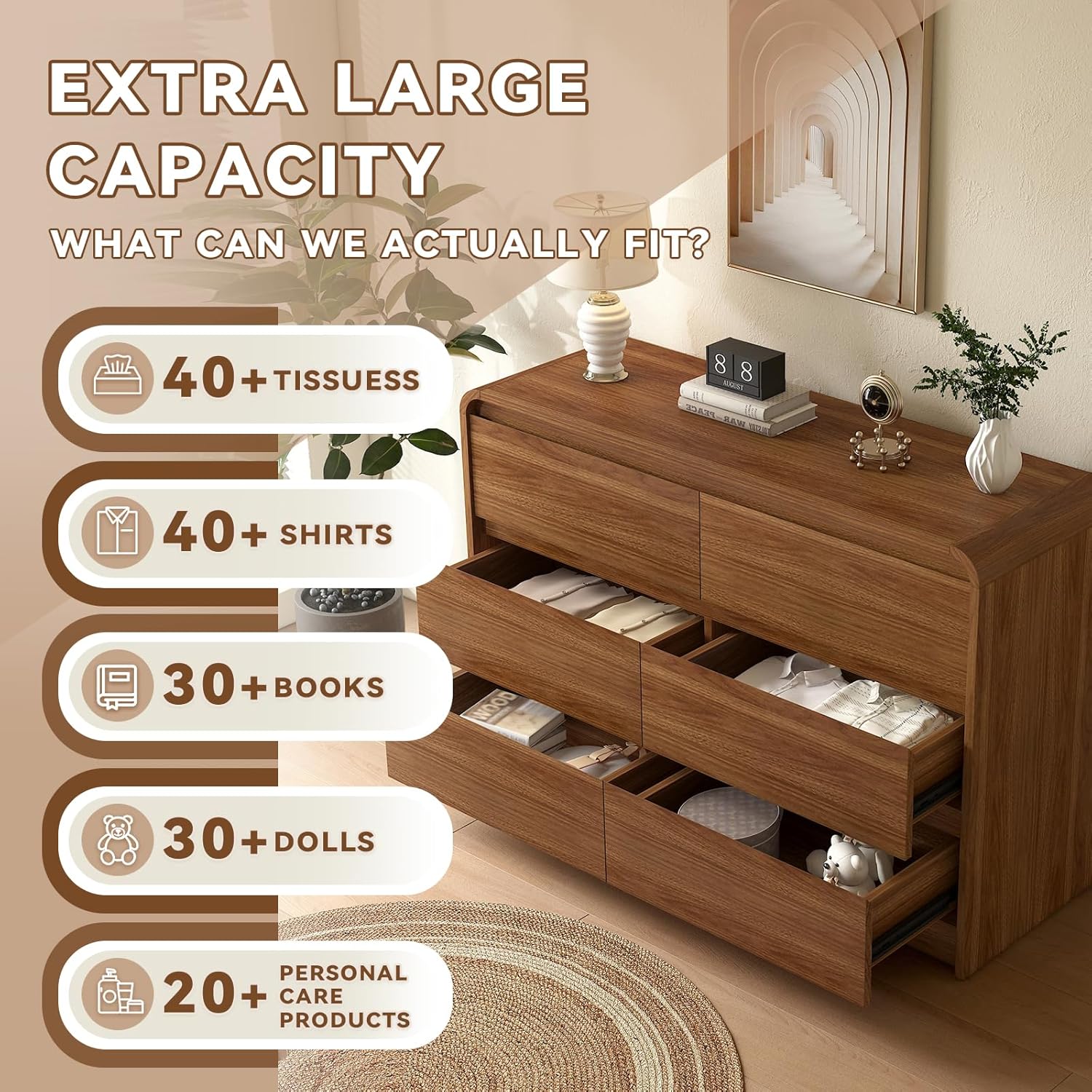 6 Drawer Dresser For Bedroom 47 Inch Wood Chest of Drawers - Curved Anti Collision, Mid Century Dresser For Closet with Natural Texture & Pre-Embedded Slots for TV Stand, Living Room, Nursery
