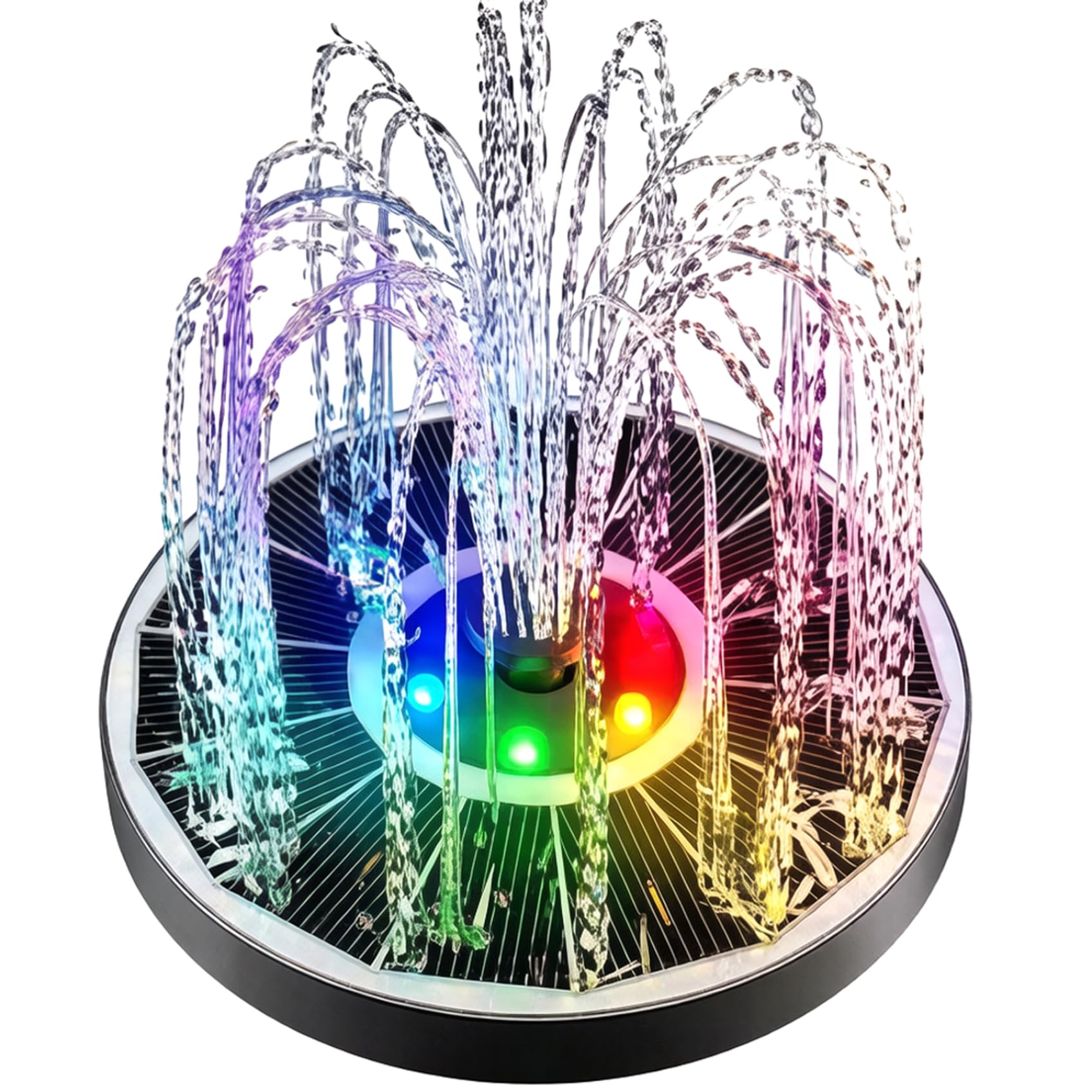 Solar Powered Water Fountain with LED Lights, 16 Inch Solar Fountain for Bird Bath Outdoor Garden Decor, RGB Floating Fountains with 6 Spray Nozzles
