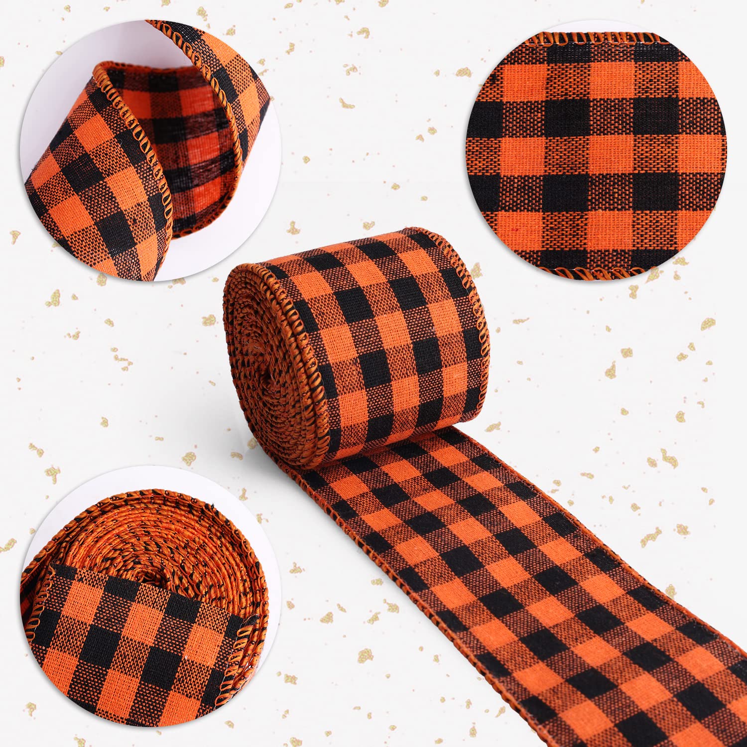 2 Rouleaux Ruban à Carreaux Jute 6m X 6,3 Cm - Motif Orange Et Noir - Pour Déco Automne, Halloween, Mariage, Artisanat - Bord Renforcé Fil Métallique