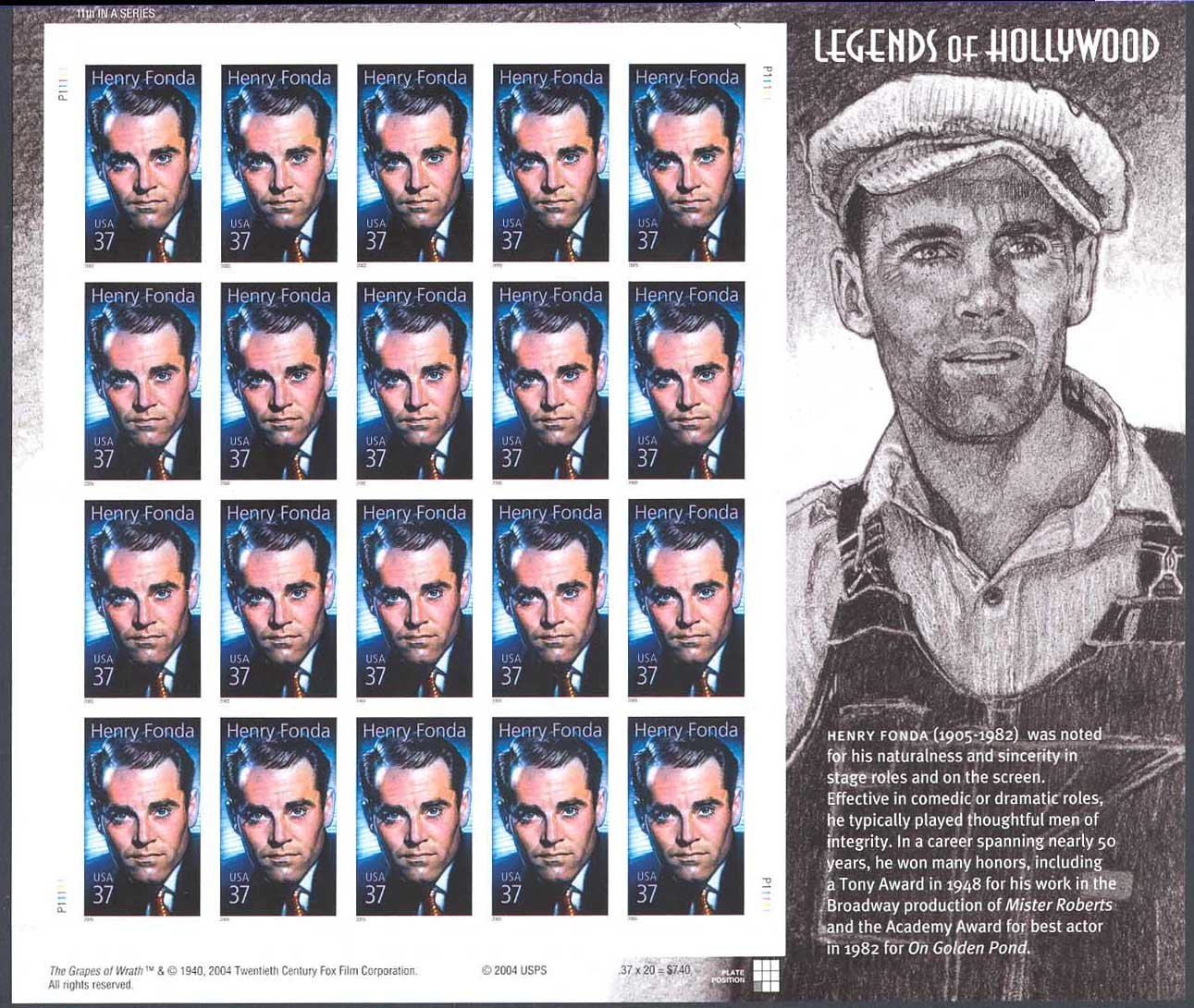 Henry Fonda 20 x 37 Cent US Postage Stamps Scot #3911