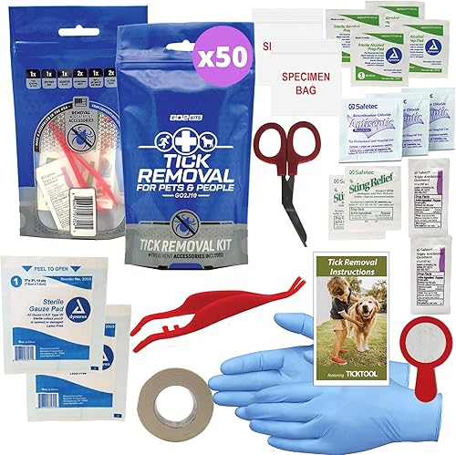 Go2Kits Paquete de 50 kit de garrapatas más artículos esenciales de primeros auxilios, kit de eliminación de garrapatas de 28 piezas para humanos y