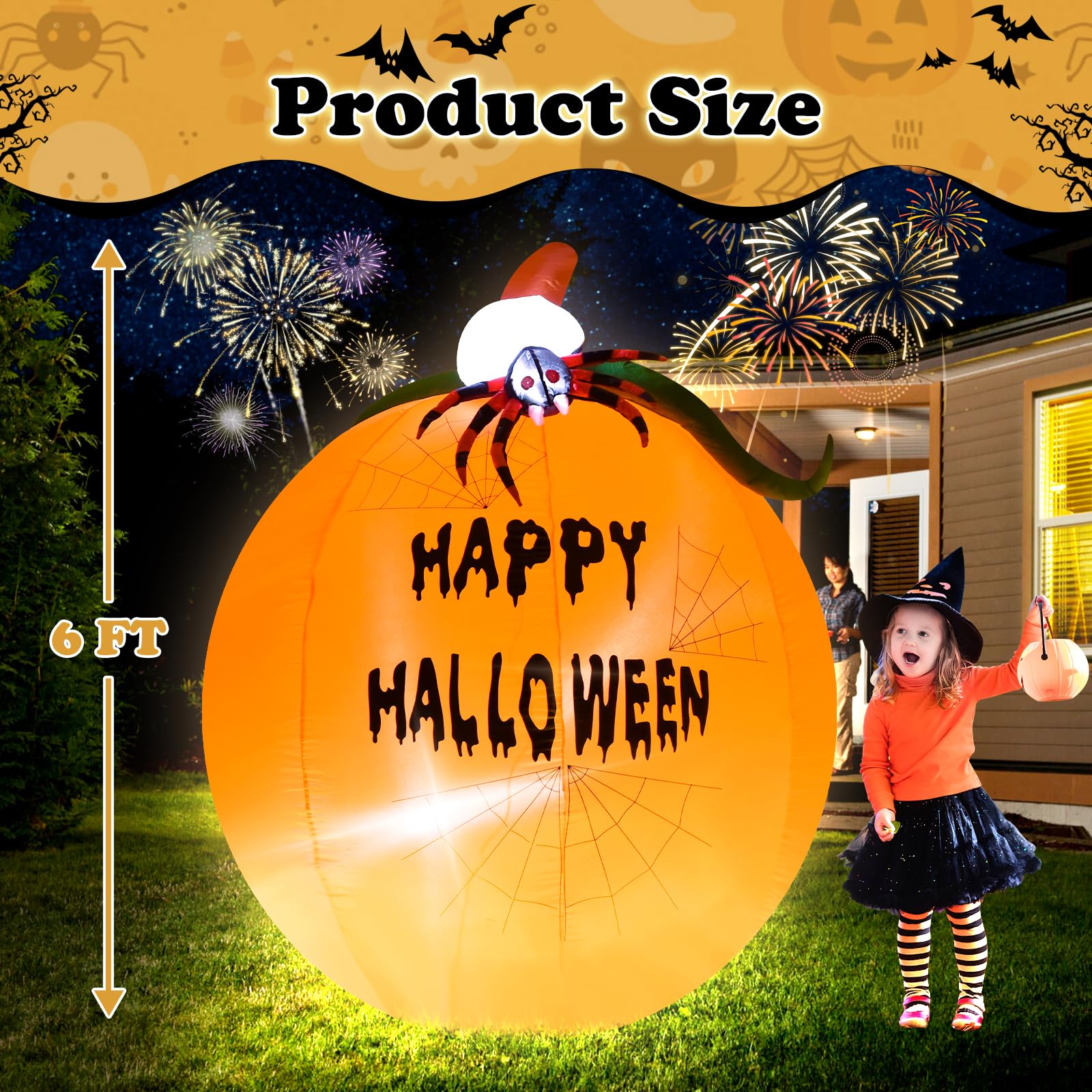 Calabaza inflable de 10 pies con luces LED para Halloween, decoración de interiores y exteriores, decoración de patio iluminada, inflables gigantes para el hogar, la familia y el exterior