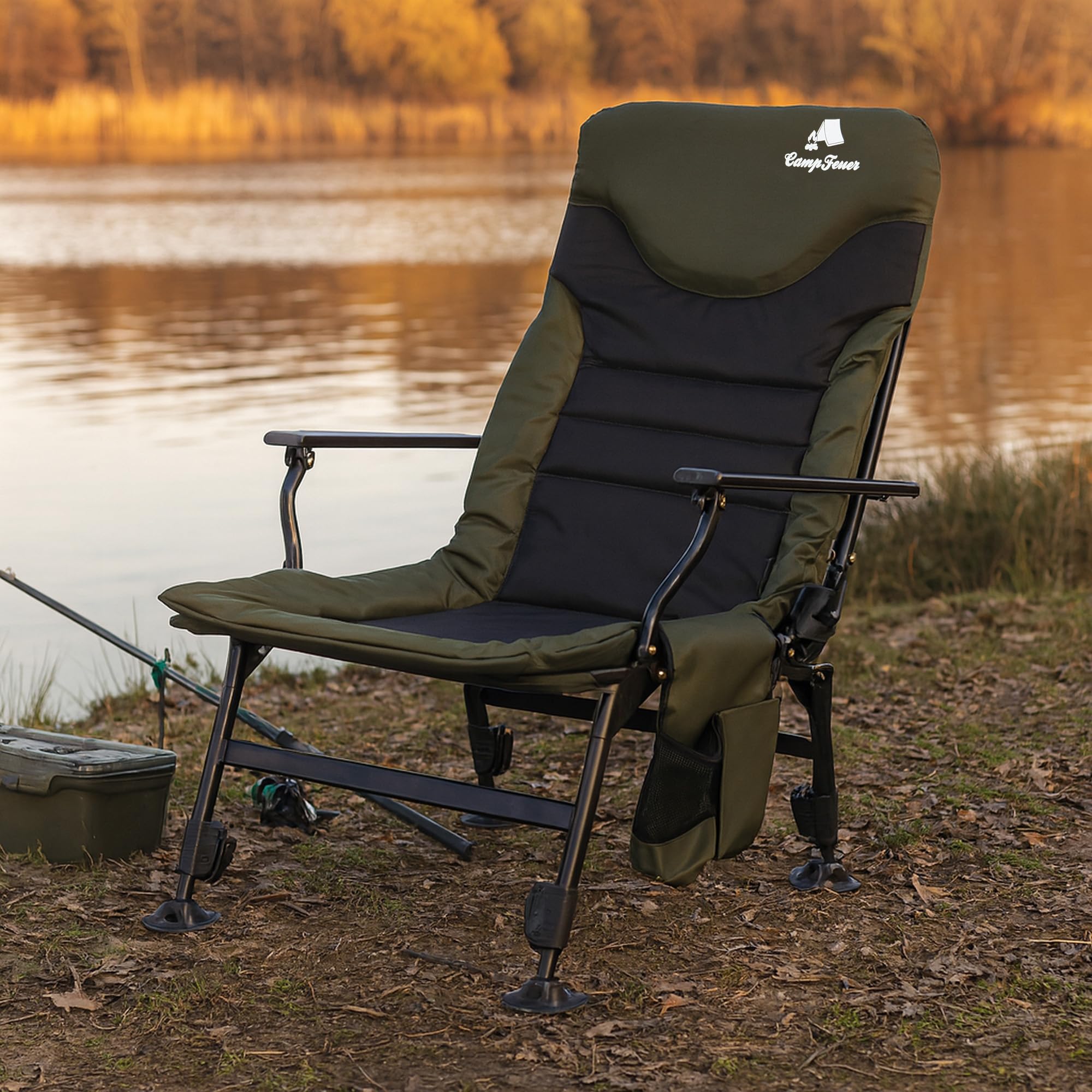 CampFeuer Sedia da pesca con borsa nero verde oliva | Sedia da campeggio regolabile in altezza | Sedia da carpa pieghevole | Outdoor Travelchair per campeggio, tenda, pesca