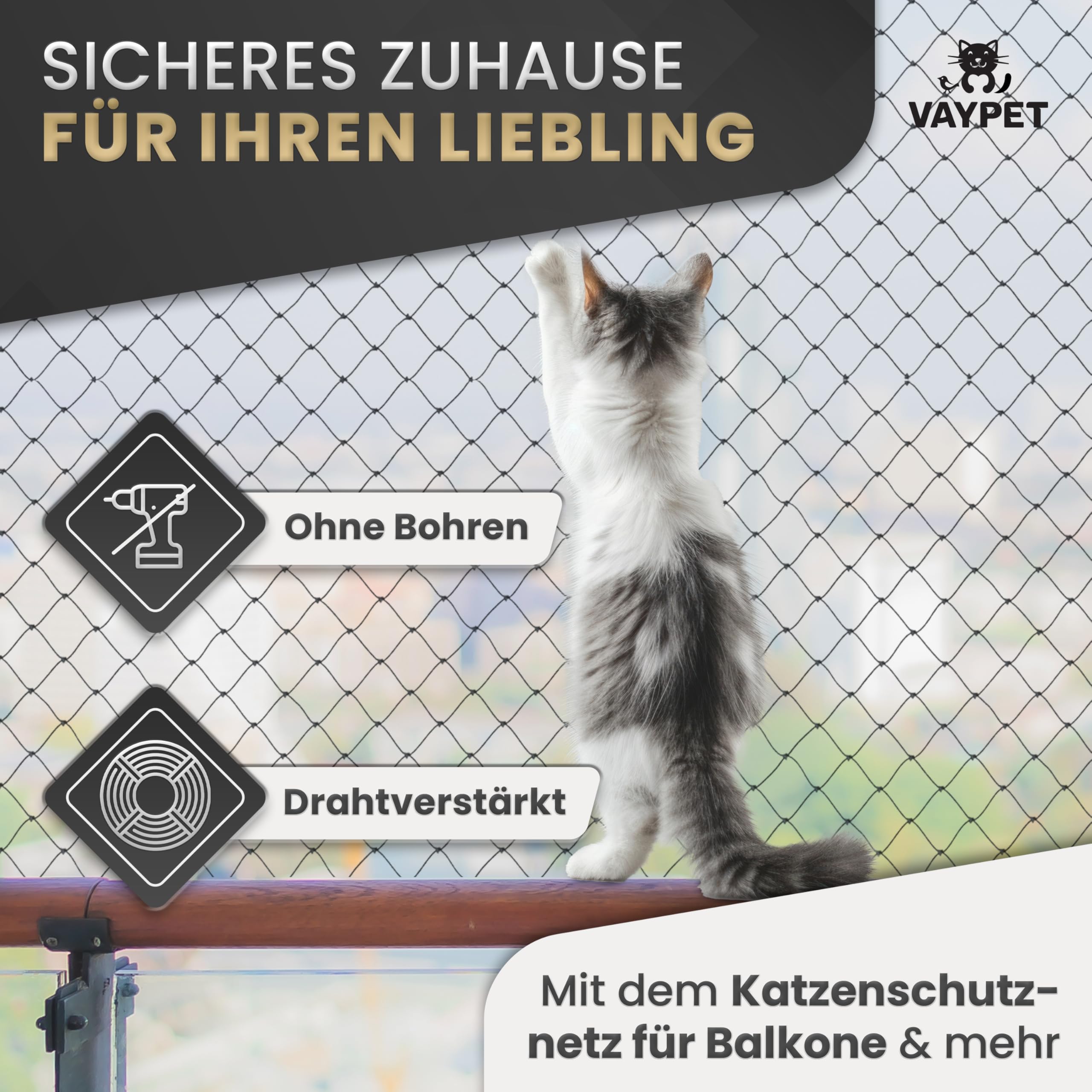 VAYPET® Katzennetz Balkon ohne Bohren [4x3m] - Balkonnetz drahtverstärkt | Inkl. Klebehaken + Silikonkleber | Wetterfestes Netz | Katzenschutznetz für Balkon, Fenster, Terrasse | Outdoor