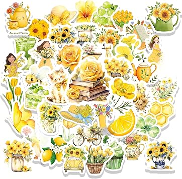 50Pcs Yellow Floral Stickers Vinyl Aesthetic Decals for Laptops Skateboards Luggage Helmets Bikes Phones Journals Teens Adults and Nature Fans