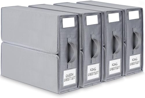 BIKTIC SheetCube Bed Sheet Organizers and Storage,4 Pack Sheet Folder Organizer (Queen or King Size), Linen Closet Organizer for Bedding