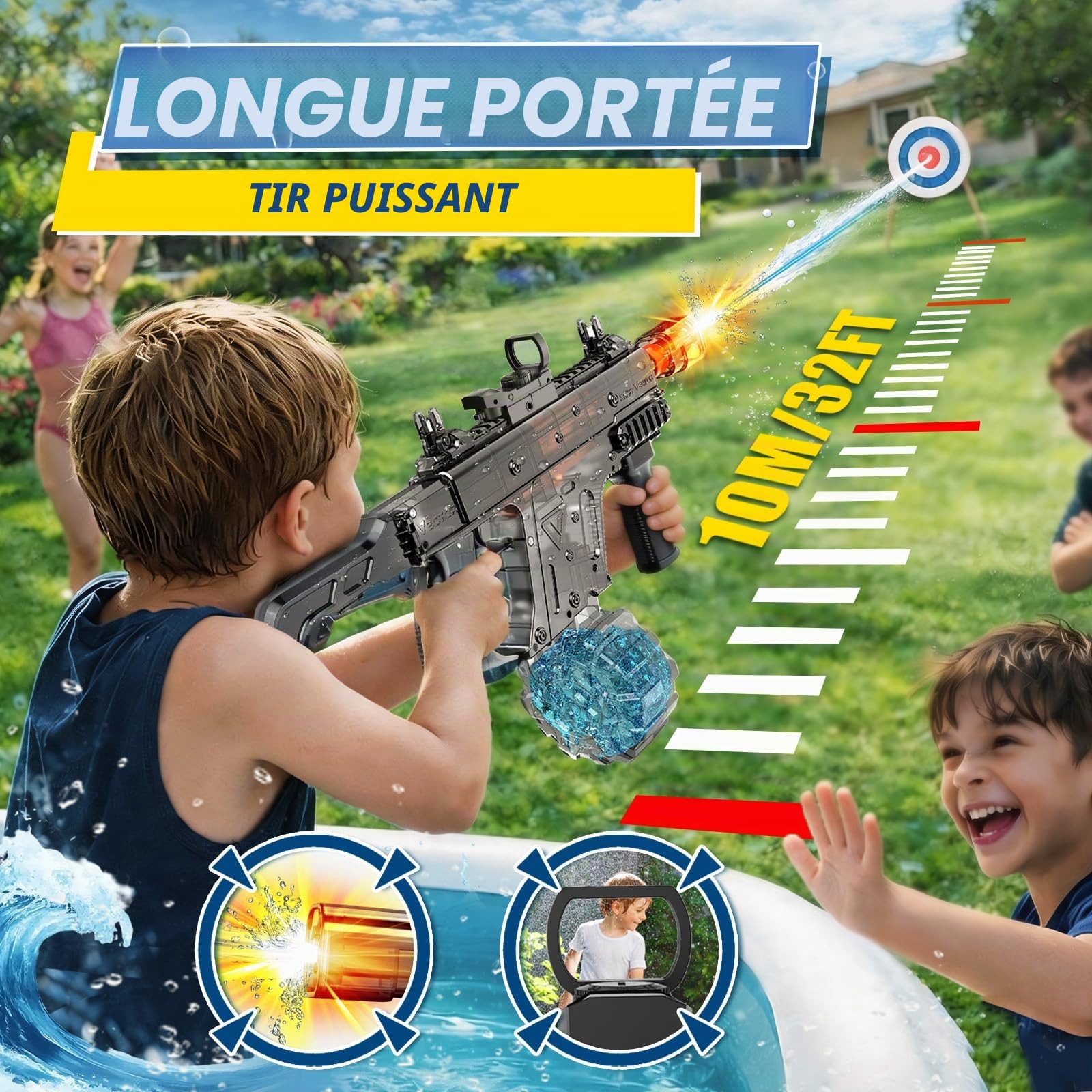 JONRRYIN Pistolet à Eau Électrique Rechargeable, Jet Puissant 8–10 m, Réservoir 600 ML, Double Remplissage Auto & Manuel, Embout Lumineux Amovible, Jouet d’Été pour Piscine, Plage, Jardin (Noir)