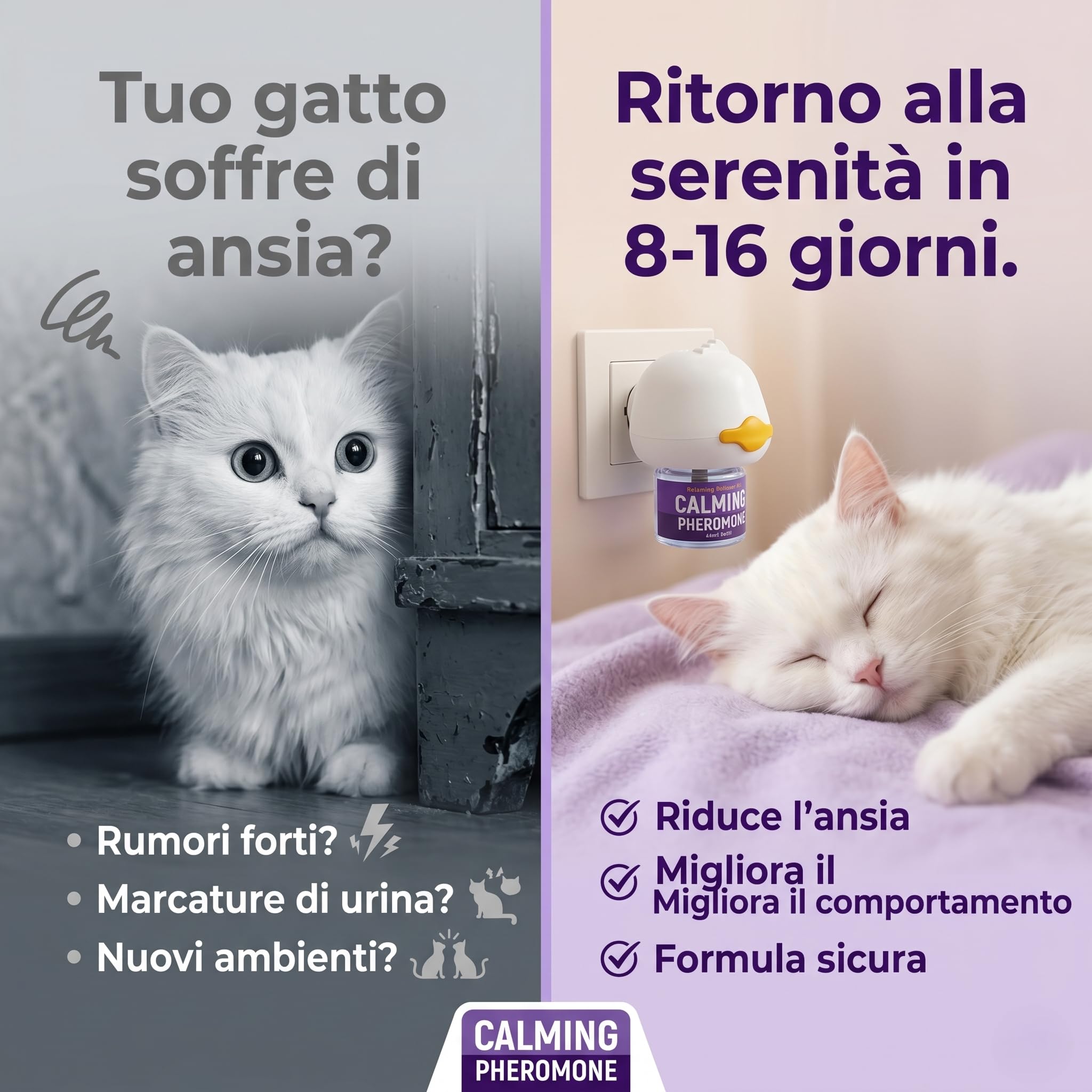 Diffusore di Feromoni per Gatti, Kit con 1 Dispositivo e 5 Ricariche | Kit completo per gatti con 1 diffusore e 5 ricariche, ideale per creare un ambiente domestico sereno e accogliente.