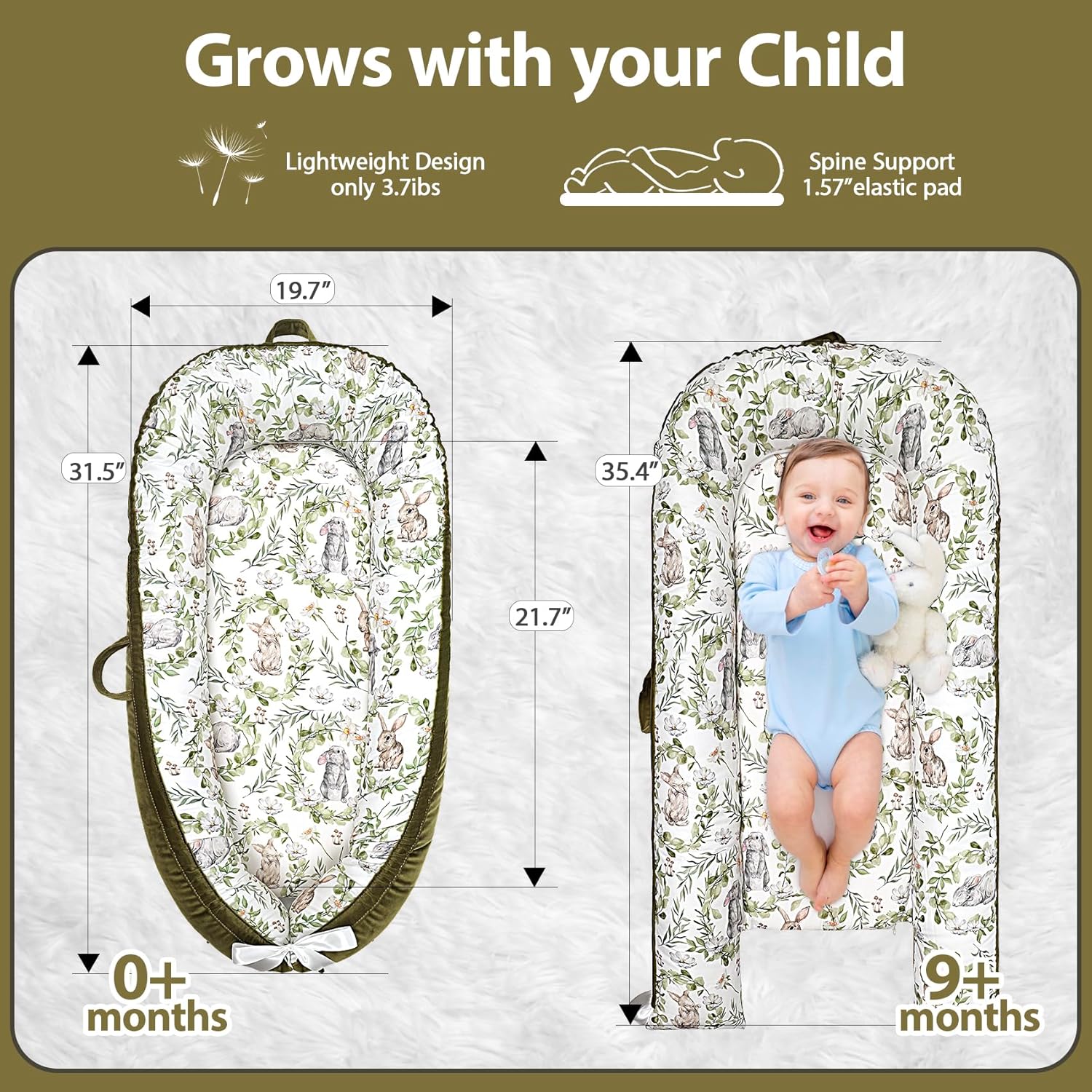 Baby Lounger-Breathable and Soft Organic 100% Cotton, Portable Infant Lounger with Removable Lounger Cover, Baby Nest Lounger for Newborn - Green Rabbit