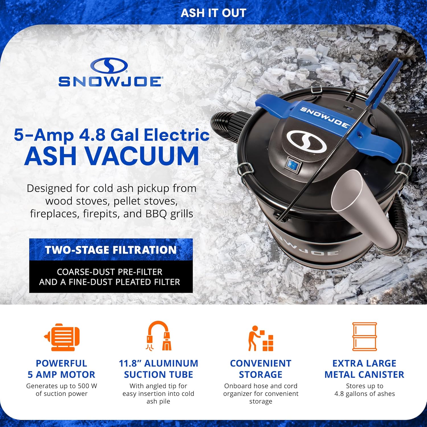 Snow Joe Bagless Ash Vacuum Cleaner Machine, Metal Canister with Hose and Filter, 4.8 Gallon, 5-Amp Motor - Vacuuming and Cleaning Equipment for Home, Garage and Outdoor Spaces, ASHJ202E