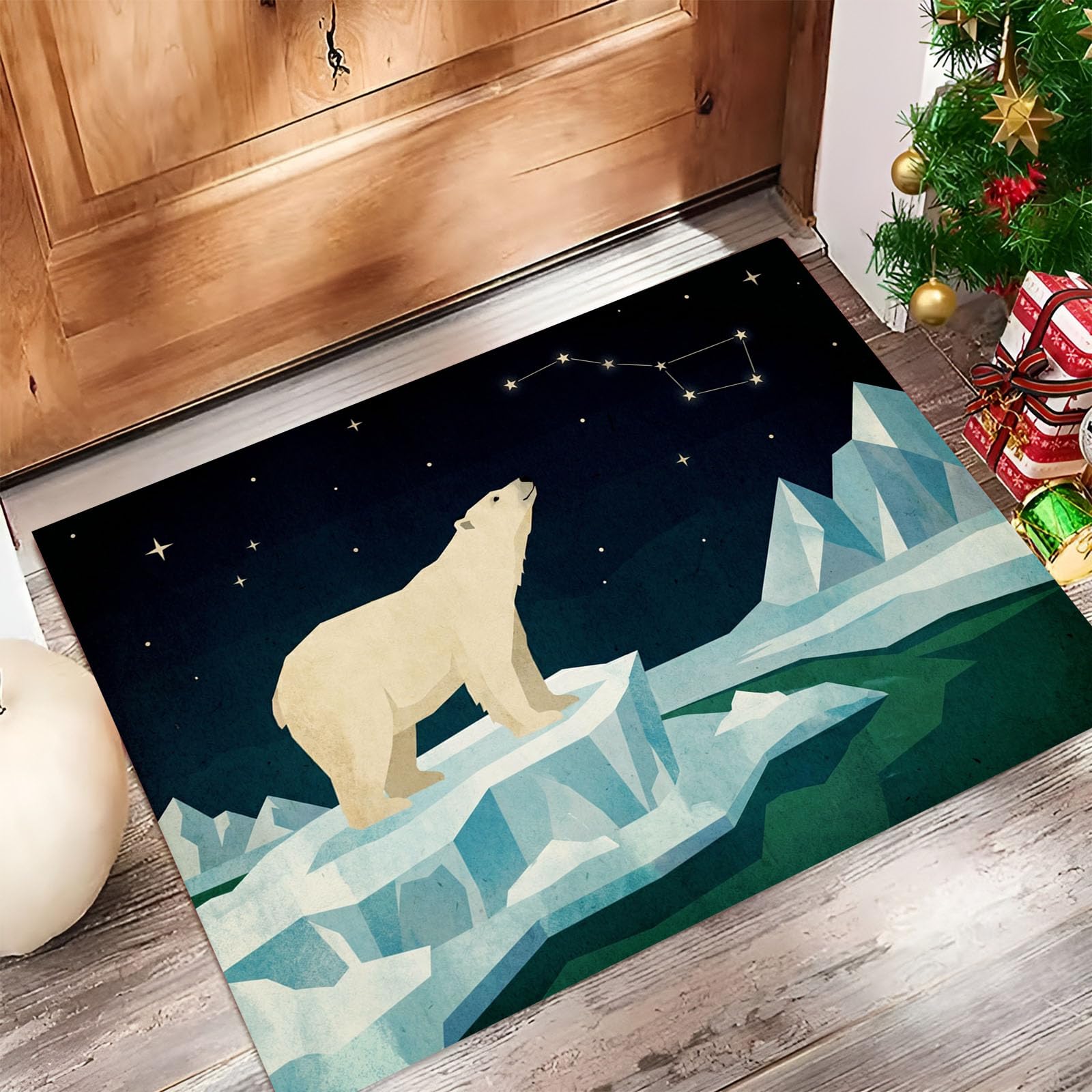 Zerbino Ingresso Interno Animali Artici Cartoni Animati, Zerbino Di Benvenuto Lavabile Morbida Cielo Stellato Iceberg Orsi Polari, Antiscivolo Tappeto Da Decorazioni Nero Per Casa Porta, 60X90Cm
