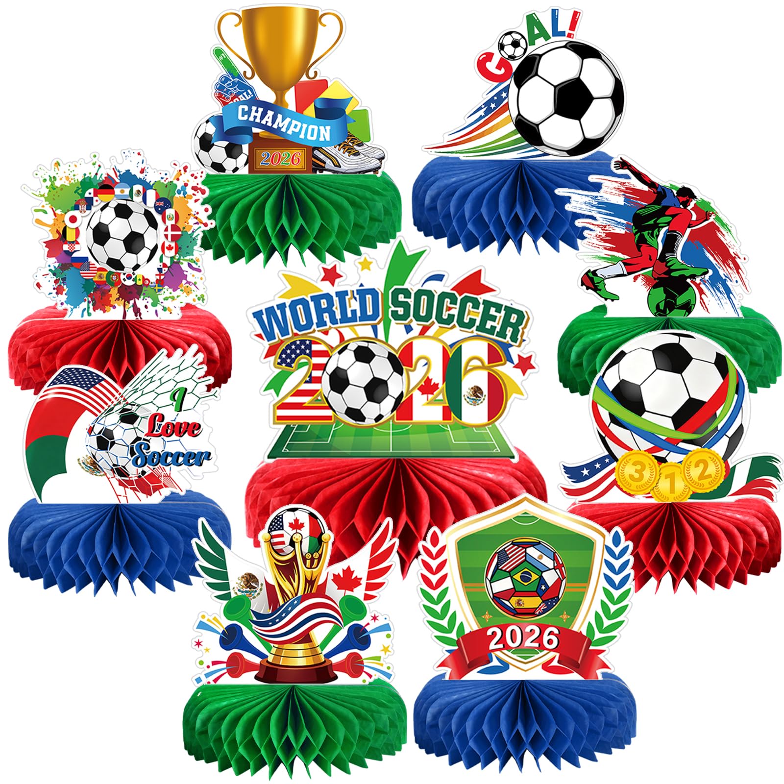 9pcs World Cup Soccer Decorations 2026, Soccer Sports Theme Honeycomb Centerpieces 3D Double Sided Table Decor Supplies for Football Sports Competition Party Decorations
