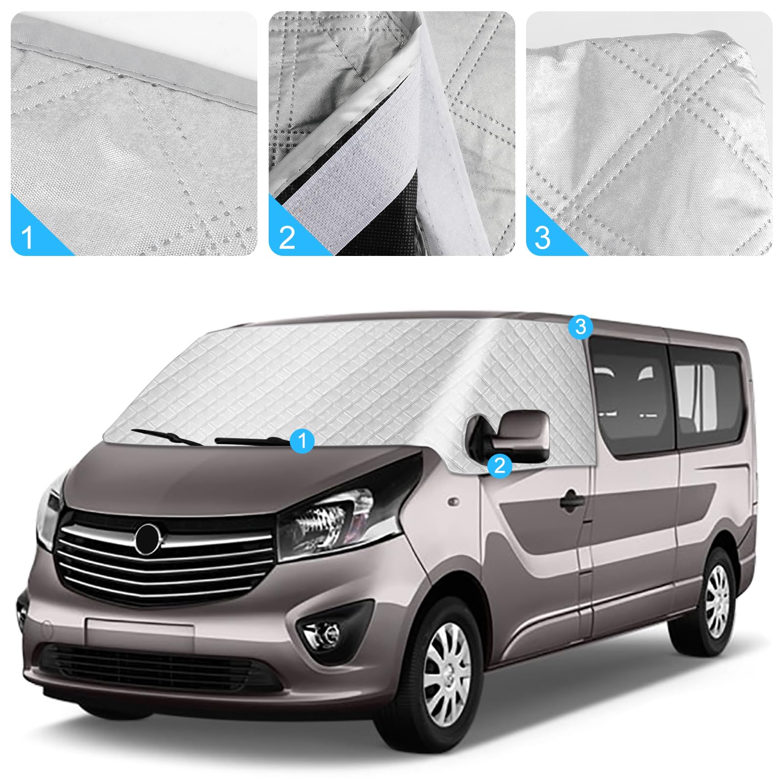 Housse de Pare-Brise Compatible avec Renault Trafic 2014-2025, Argenté Pare-Soleil pour Vitre Avant, Bloque Les Rayons UV, Protège du Vent et des Intempéries, Garde Votre Véhicule au Frais