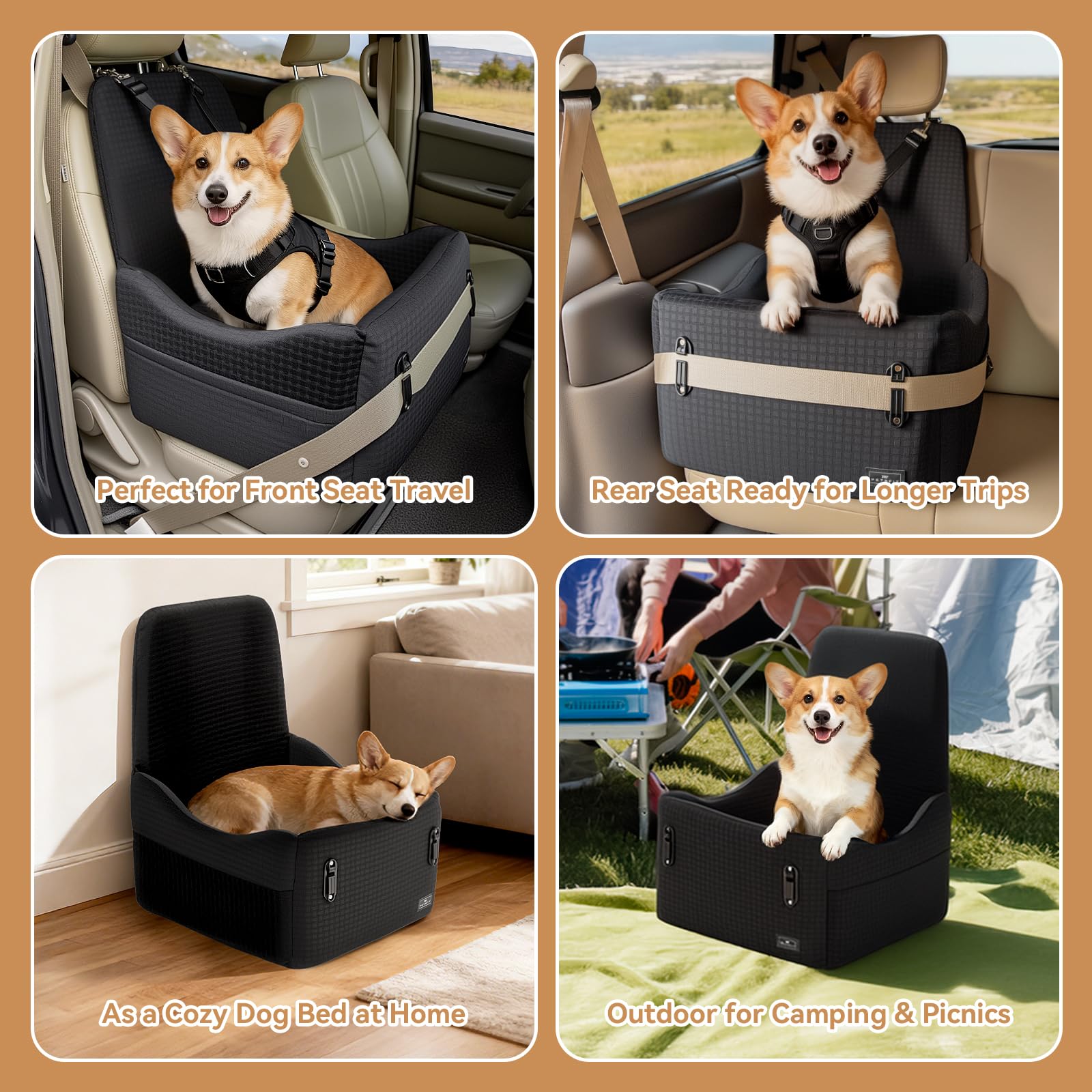 PETSFIT Hundesitz für Auto bis 15 kg – 13cm Memory Foam Booster, Sicherheitsgurt-System, abnehmbarer & waschbarer Bezug, Schwarz