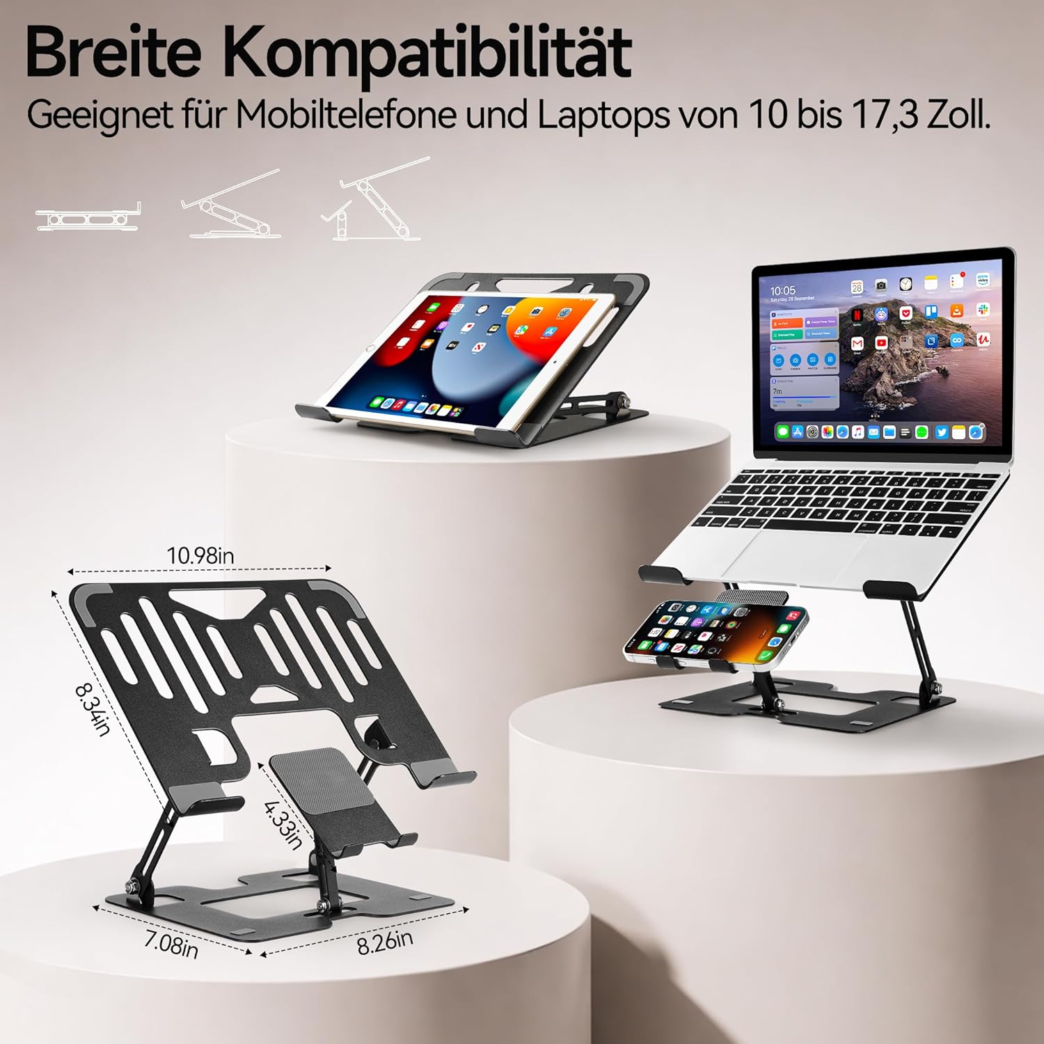 Soporte para portátil de Aluminio Regulable en Altura, Elevador para portátiles de 10 a 17,3 Pulgadas con Soporte para móvil Compatible con MacBook y Accesorios para PC 8