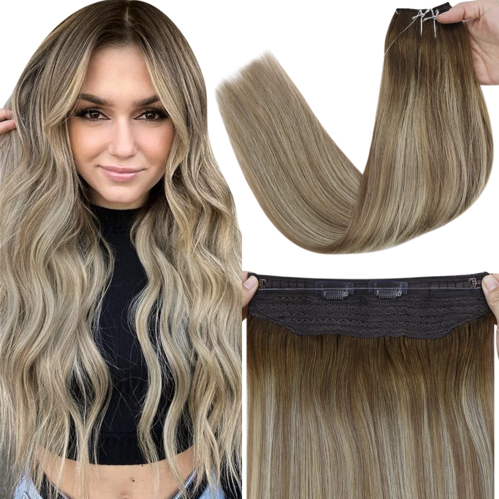 Fshine Extension Filo Invisibile Hair 30CM 70g Extension Capelli Filo Extension Balayage Colore 3 Castano Scuro Con 8 Castano Medio e 22 Bionda Media Hair Extension Lisci Capelli Brasiliani
