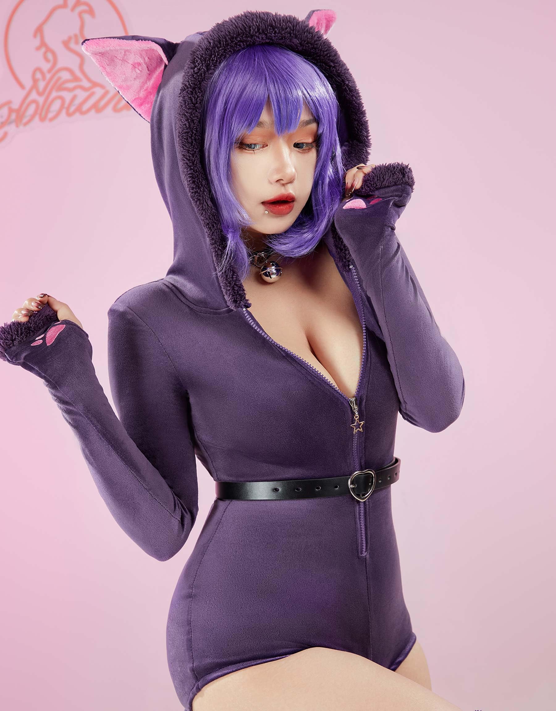 Mobbunny Women's Cute Fluffy Romper Purple Fuzzy Onesie Pajamas Furry Hooded Bodysuit Homewear Jumpsuit: Small Purple