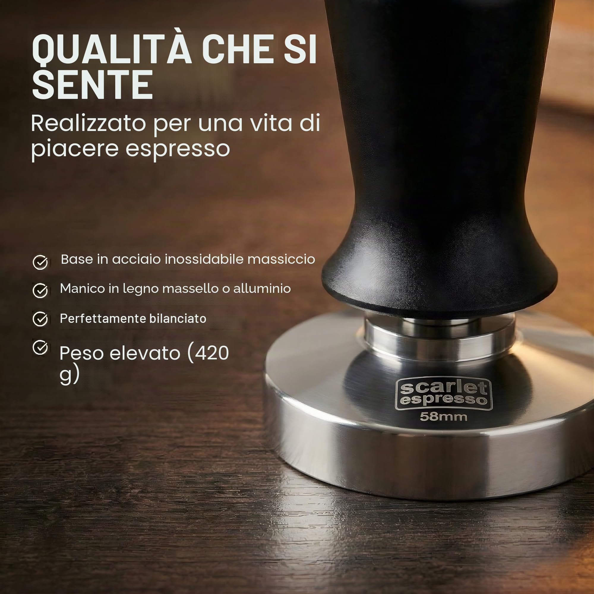 Scarlet Espresso - Pressino per caffè "Perfetto", calibrato a pressione di 16 kg, base in acciaio inox e manico in alluminio, pressa per caffè per estrazione uniforme, 57 mm