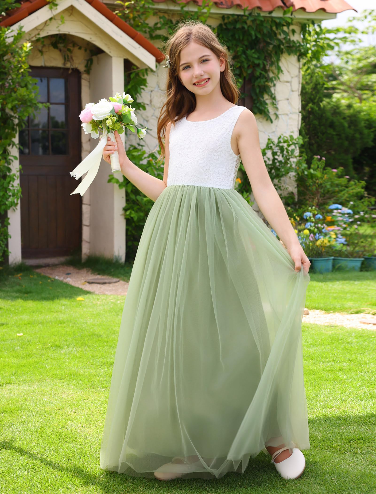 Odizli Blumenmädchenkleider Ärmellos Spitze Rückenfreies Prinzessin A-Linie Tüllkleid Festlich Hochzeit Lang Ballkleid