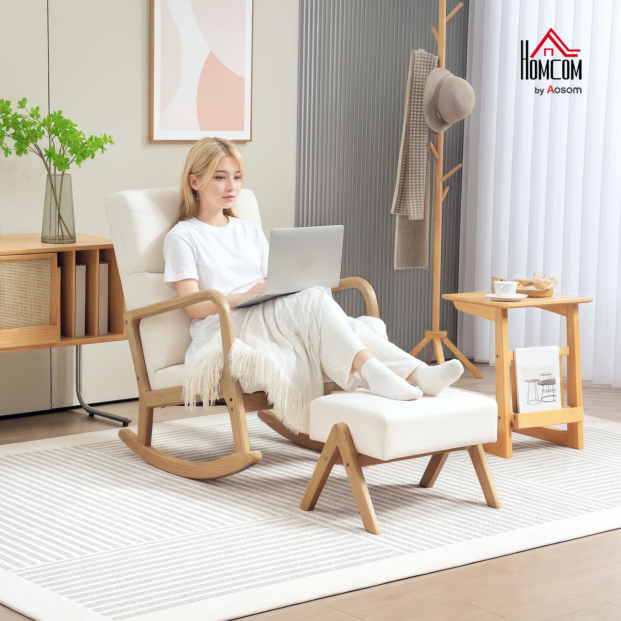 HOMCOM Schaukelstuhl mit Hocker Schaukelsessel Schwingsessel mit Leinenoptik Polstersessel Sessel für Wohnzimmer, Schlafzimmer, Cremeweiß