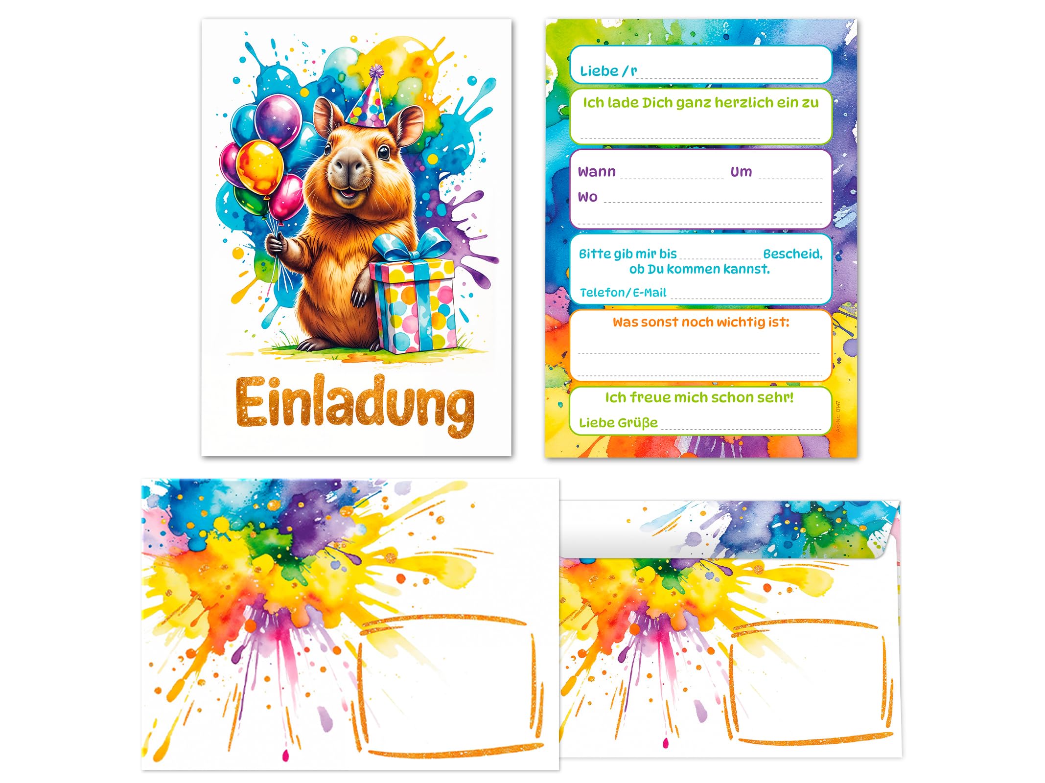 JuNa-Experten 8 Einladungskarten incl. 8 Umschläge zum Kindergeburtstag Jungen Mädchen Kinder Tiere Capybara coole bunte Einladungen Geburtstag Mädchengeburtstag Jungsgeburtstag Taufe Einschulung