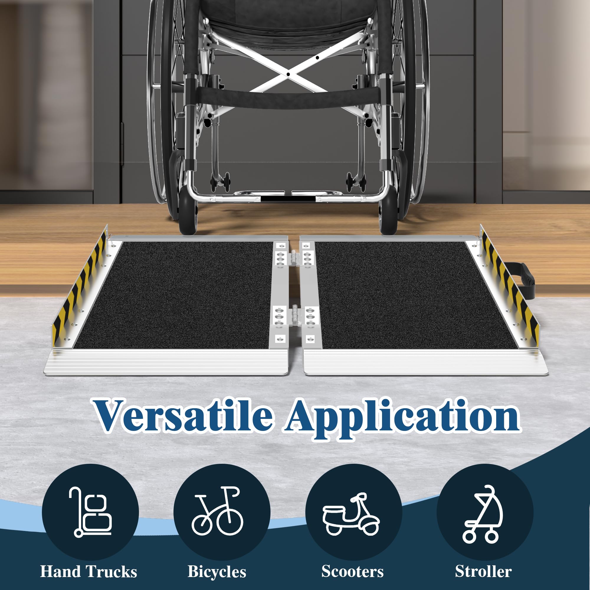 Rampa plegable portátil de aluminio para silla de ruedas, 24 x 29 x 2 pulgadas, capacidad de 600 libras, con almohadillas de tracción de goma y bisagras de acero inoxidable