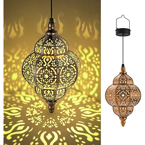 Hanging Solar Lights Outdoor Garden Decor Solar Lantern Waterproof Plastic Moroccan Outdoor Decorations for Patio Pathway Yard Backyard Garden Decorative (2 Pack, Bronze)
