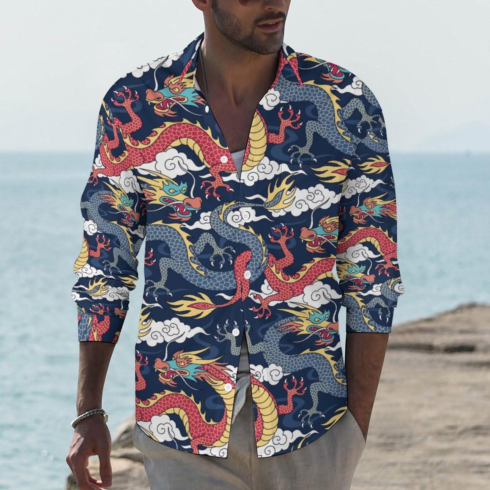 ダンスウィズドラゴン★アロハ柄★薄手ストレッチシャツ【メンズ サイズ4（XL）】 ダンスウィズドラゴン☆アロハ柄☆薄手ストレッチシャツ【メンズ