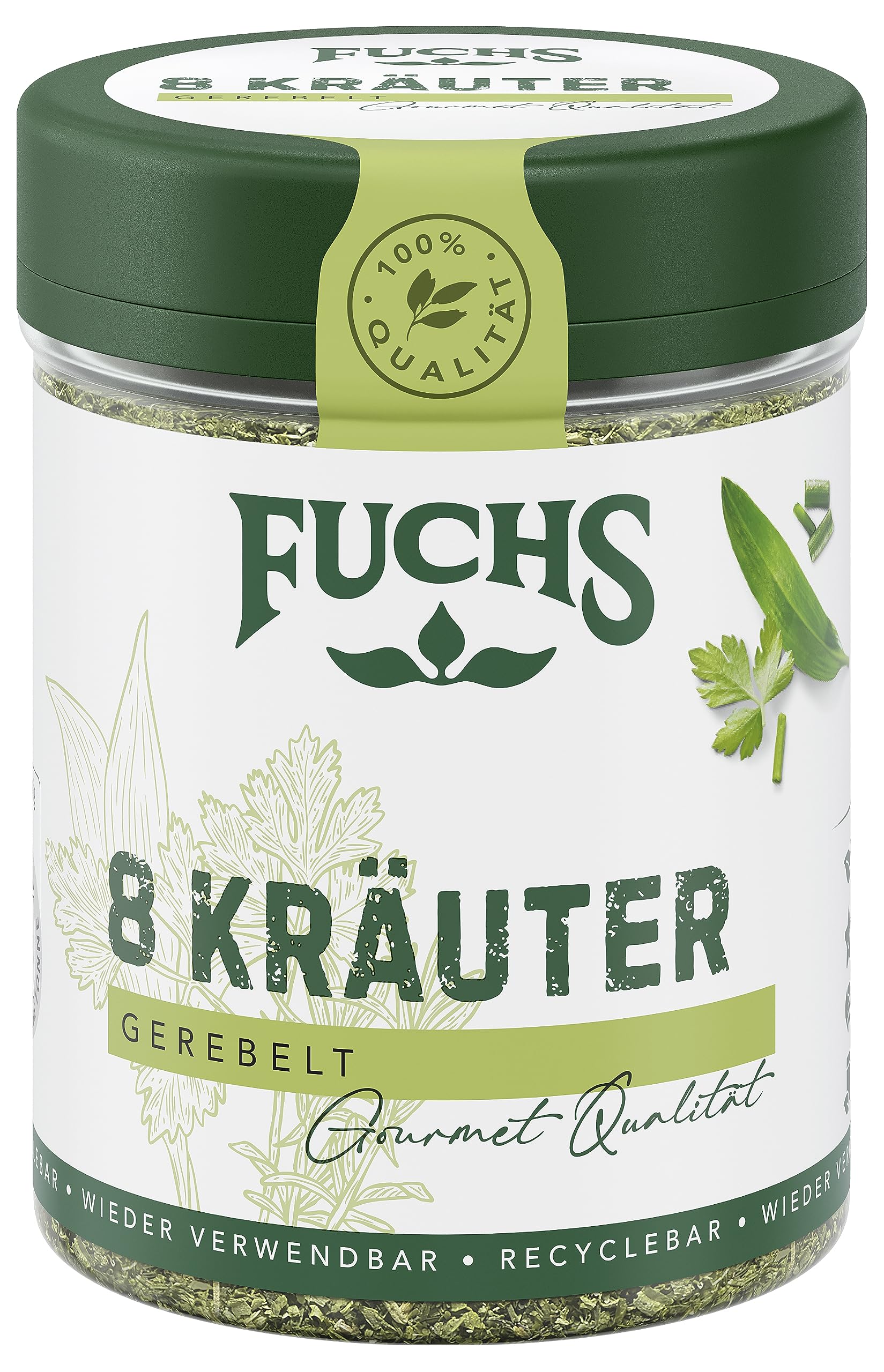Fuchs Gewürze - 8 Kräuter gerebelt - Kräutermischung für Marinaden, Fischgerichte oder Kräuter-Frischkäse - natürliche Zutaten - 25 g in wiederverwendbarer, recyclebarer Dose