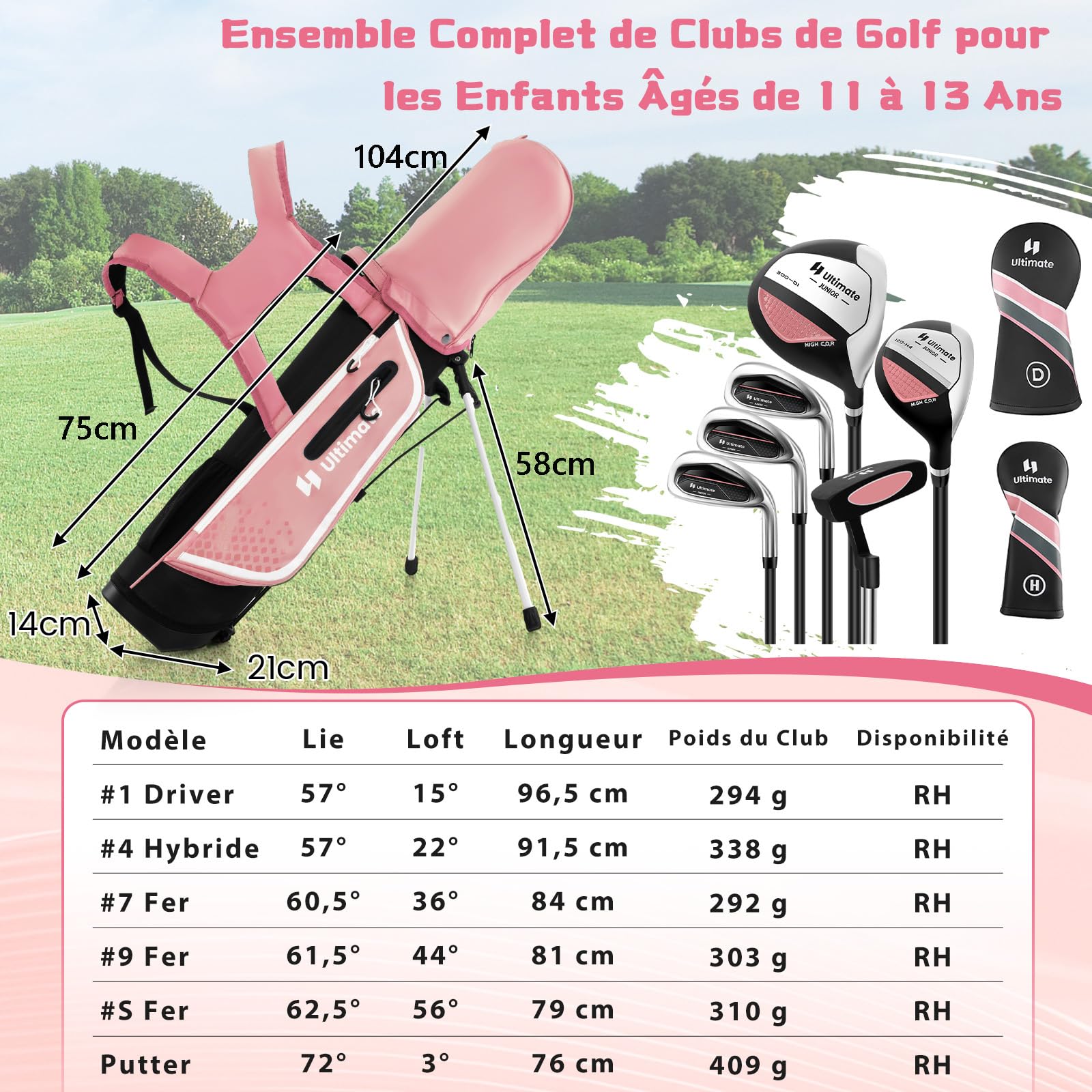 GYMAX Ensemble de Clubs de Golf pour Enfants, Sac de Golf avec Support Droit, Fairway n°3 avec Couvre-Club, Fers n°7 et #S, Putter, Capuche Anti-Pluie, pour Garçons et Filles 5 à 7 Ans