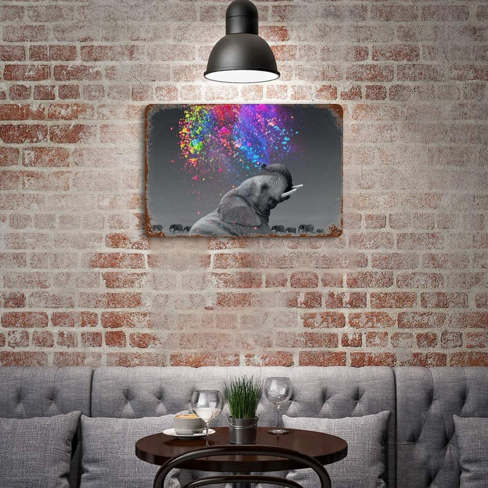 Amazon.co.jp: ブリキ看板 象 動物 夢 虹色 鉄絵画 吊り下げ用穴付き