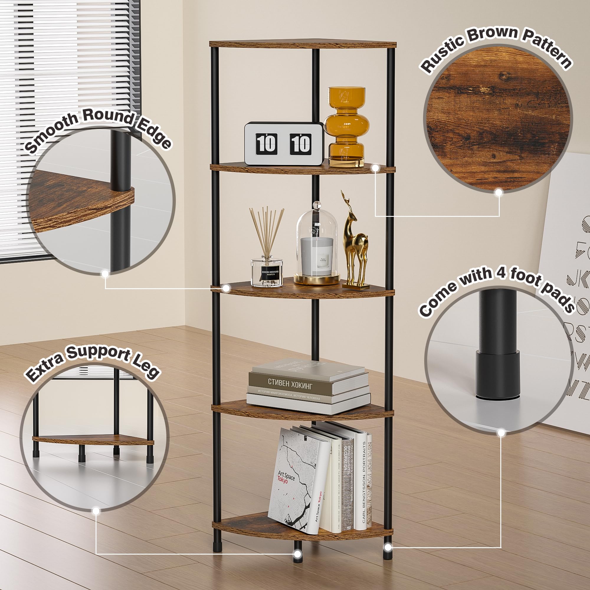 Greatseas Corner Plant Stand Shelf, 5 Tier Tall Shelf Plant Stand for Indoor Plants, Rustic Brown Corner Shelf Bookshelf Wall Decor Living Room, 44.1" Display Shelf for Bedroom, Bathroom, Small Space