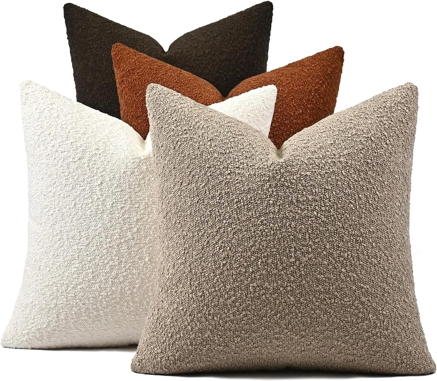 Orange/Brown 4 Pack 18x18 Inch Boucle Throw Pillow Covers, Cozy Textured Couch Pillow Covers, Solid Neutral Cushion Cases for Sofa Bed Chair Living Room Decor