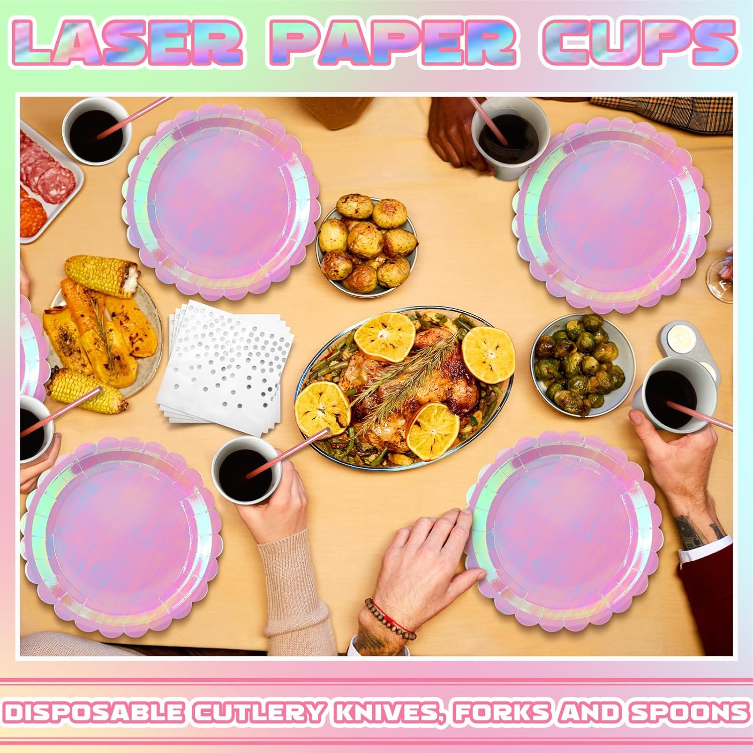 Jinei 200 Pcs Pink Spa Party Supplies Serve 25, Disposable Pink Iridescent Scalloped Paper Plates Napkins Tableware Set for Witch Princess Themed Birthday Sleepover Slumber Party