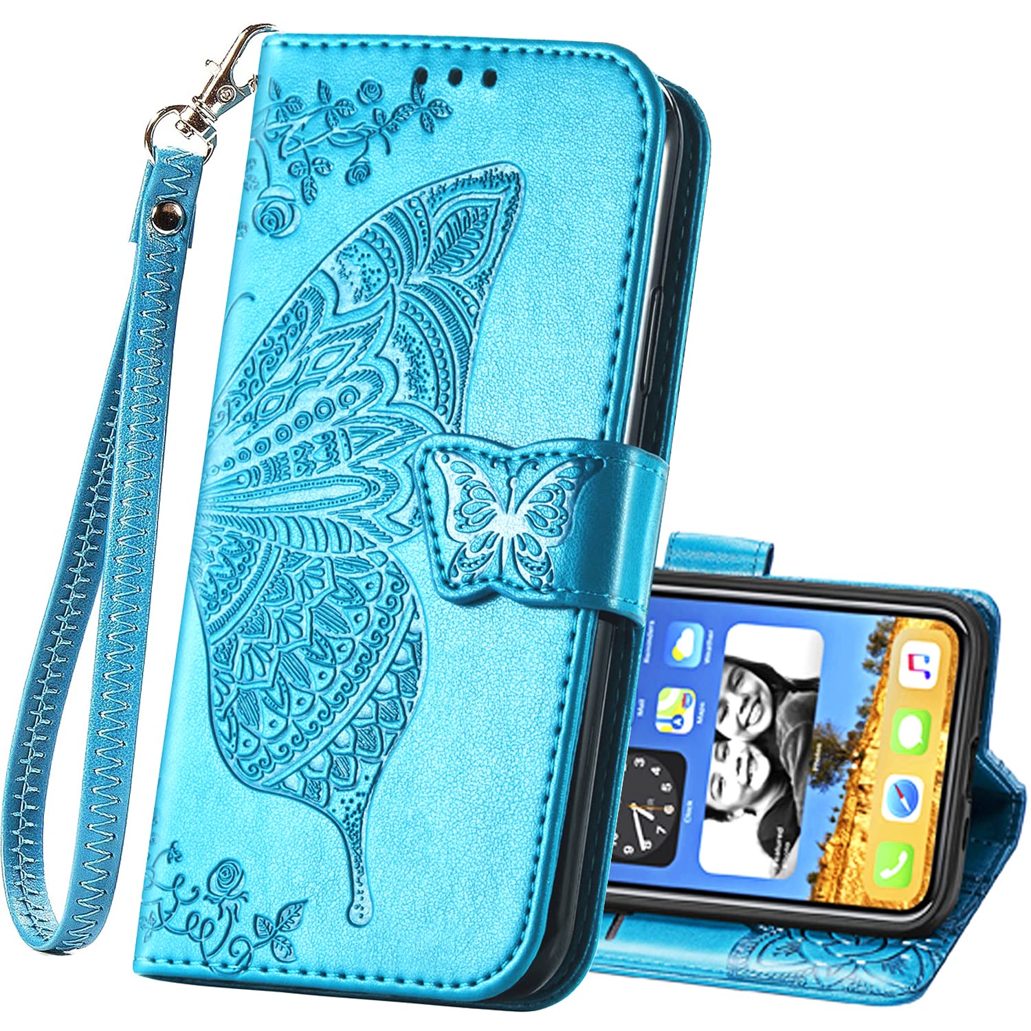HAOTP Wallet Case for iPhone 13 Pro Max,PU Leather Flip Protective Phone Case Wrist Strap Card Slots Holder Pocket Emboss Butterfly Flower Stand Case