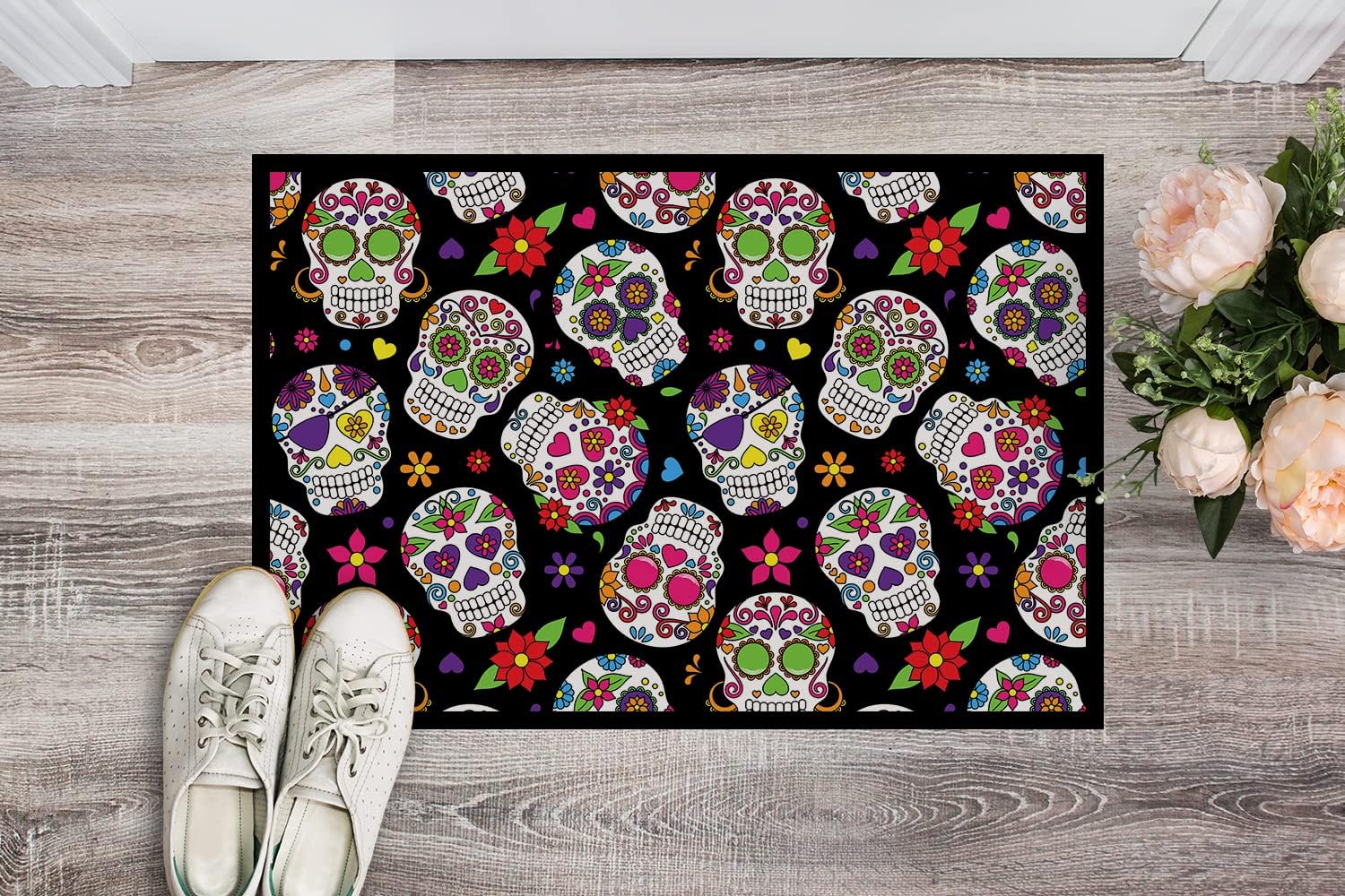 Caroline's Treasures BB5116MAT Day of The Dead Black Doormat 18x27 Front Door Mat Indoor Outdoor Rugs for Entryway, Non Slip Washable Low Pile, 18H X 27W