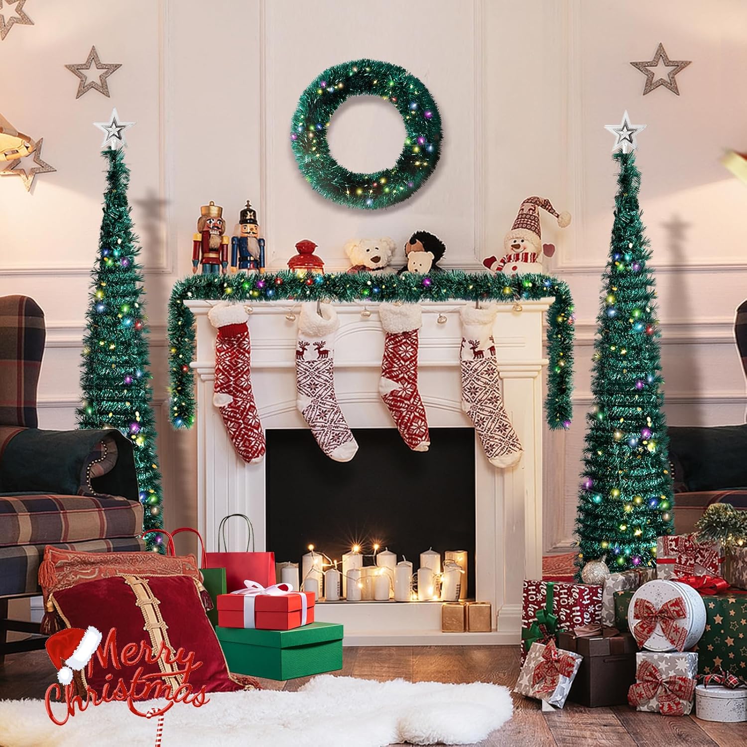 Christmas Decorations 4 Pieces Set, Garland, Wreath and 2 Pop Up Christmas Tinsel Trees with Lights and Tree Toppers for Holiday Home Party Indoor Fireplace Xmas Decor (Black)