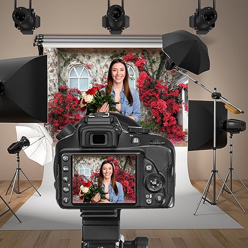 Miniatura 9 de Baocicco Telón de fondo romántico de flores rojas de 20 x 10 pies, estilo italiano, ventanas, casa, piedra, pared, fondo de fotografía de vid verde,