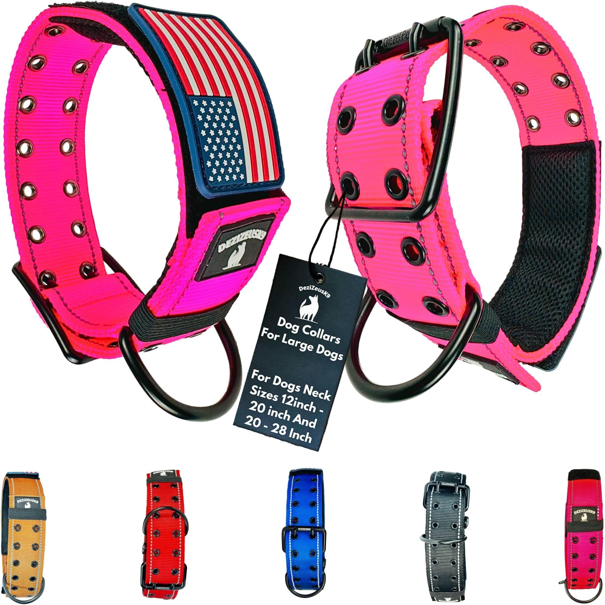 Tactical Dog Collar 2 Inch Wide Heavy Duty with Metal 2-Pin Belt Buckle for Medium, Large & XL Dogs, Thick Military-Style K9 Collar, Reflective, with Name Plate Area, USA Flag Patch, Strong & Durable