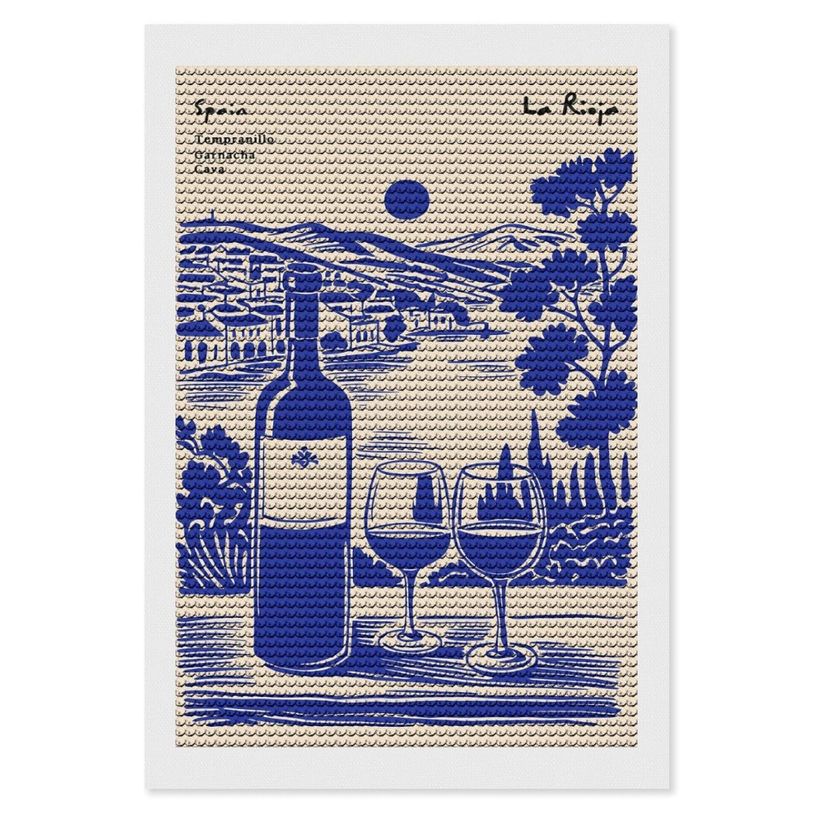 Junmoney Spain La Rioja Wine Illustration Diamond Painting Kit 8"x12", Festive Craft Gift, Bedroom Decor, Full Kit Included, Creative Gift Idea