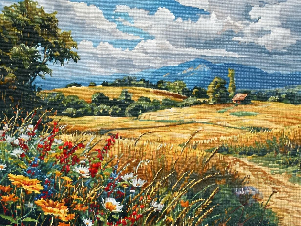 Countryside 3, Landscape Counted Cross Stitch Kit, 32x24cm, 180x135 Stitches, Nature Scene with Cottage