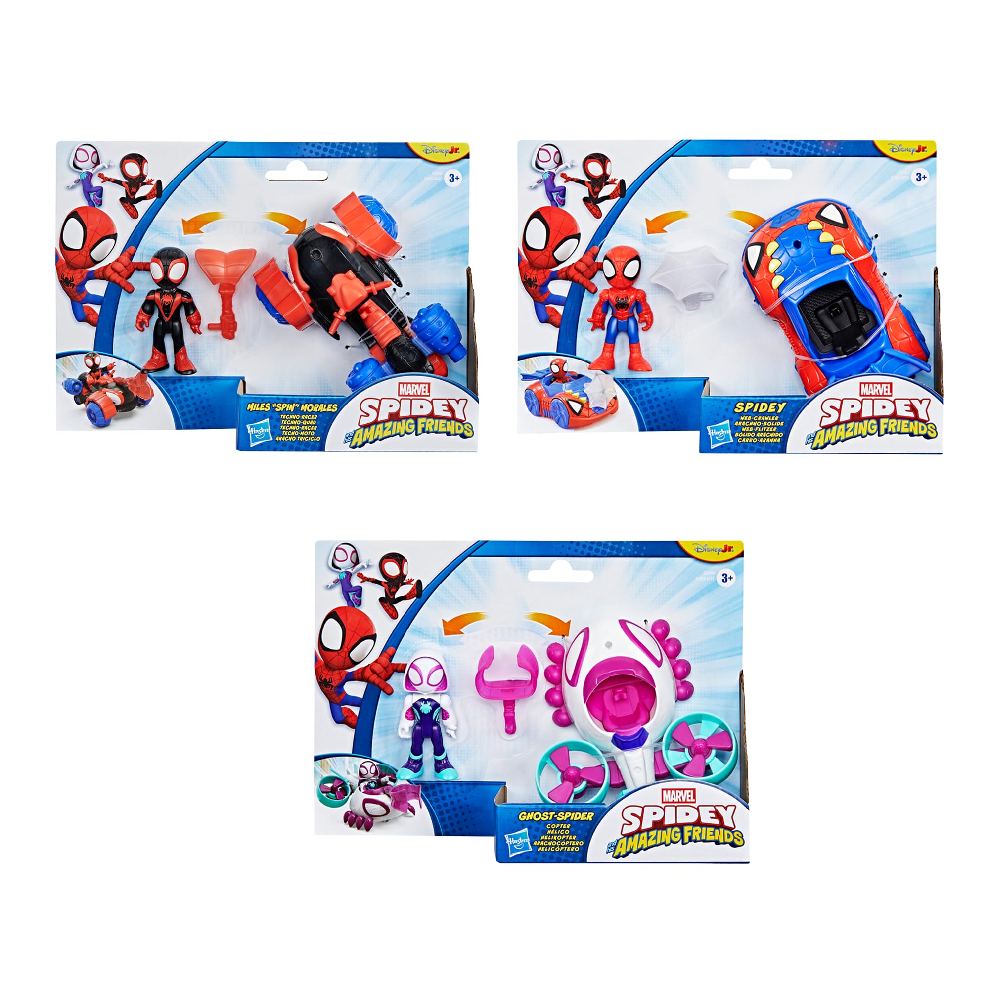 Marvel Spidey et Ses Amis Extraordinaires, Pack de 3 Figurines articulées de 7,5 cm avec 3 véhicules, 3 Accessoires, Jouets de Super-héros, dès 3 Ans