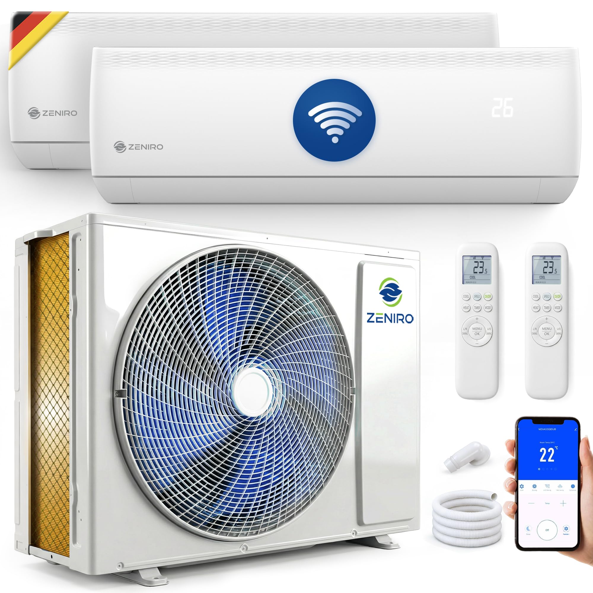 Multi Split Klimaanlage 2 Innengeräte Set 6,2kW 21000 BTU A++ WiFi/App-Steuerung 4D AirFlow Heizen bis -20°C R32