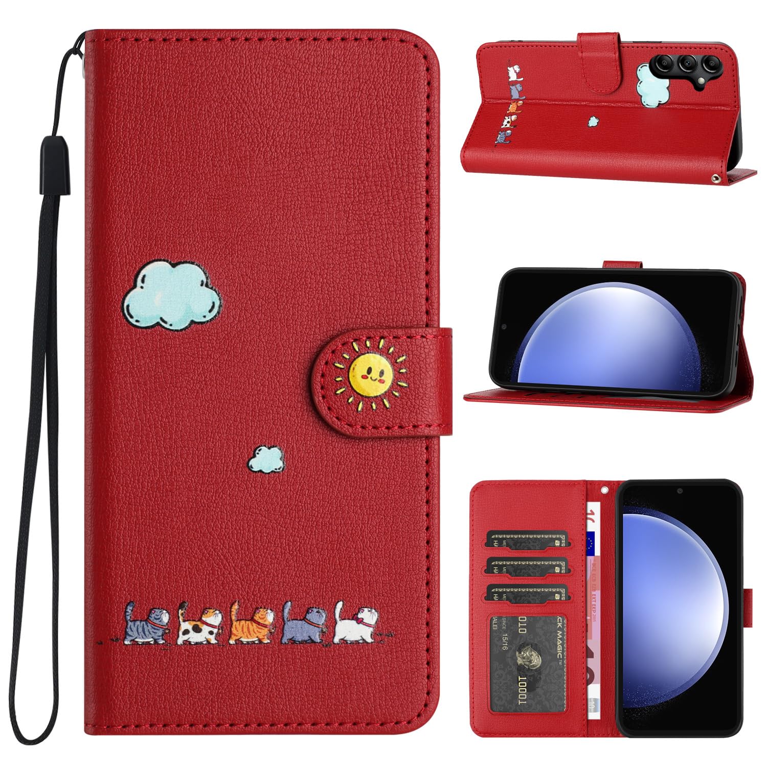 CASAFUNY Galaxy S23 FE ケース手帳型 人気 サムスン ギャラクシーS23 FE 携帯カバー 本革 PUレザー カバー ギャラクシー S23fe カバー お洒落 携帯ケース Samsung Galaxy S23 FE 5G ケース 可愛い猫柄カバー SCG24 ケース 手帳型 耐衝撃 スマホケース 軽量 手帳ケース マグネット式 カード収納 スタンド機能(レッド)