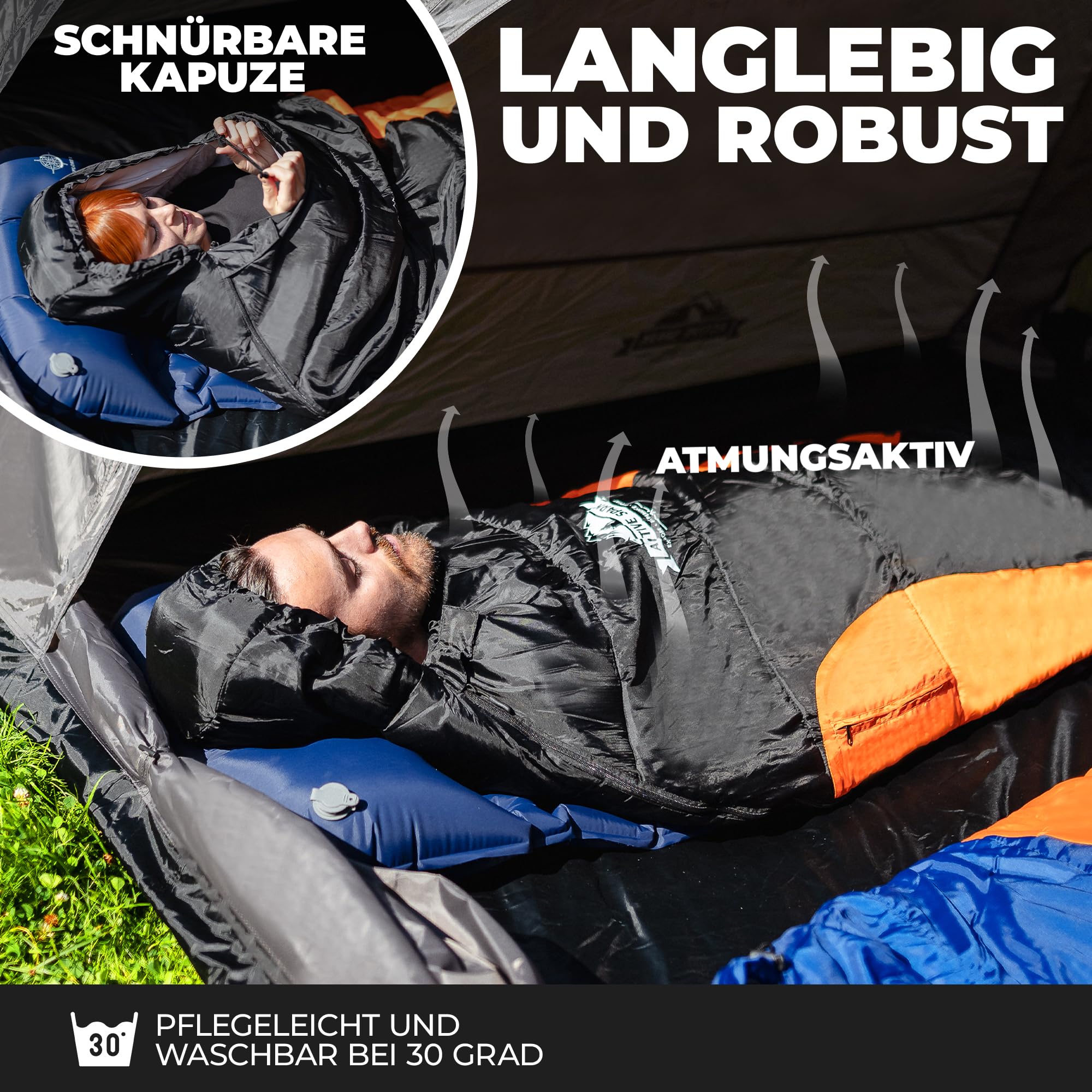 Schlafsack Winter - 3 Jahreszeiten & Sommer, Wasserabweisend & Atmungsaktiv, Nie mehr kalte Füße Dank Taschenwärmer-Tasche, Schlafsack - Hüttenschlafsack, Camping, Sleeping Bag