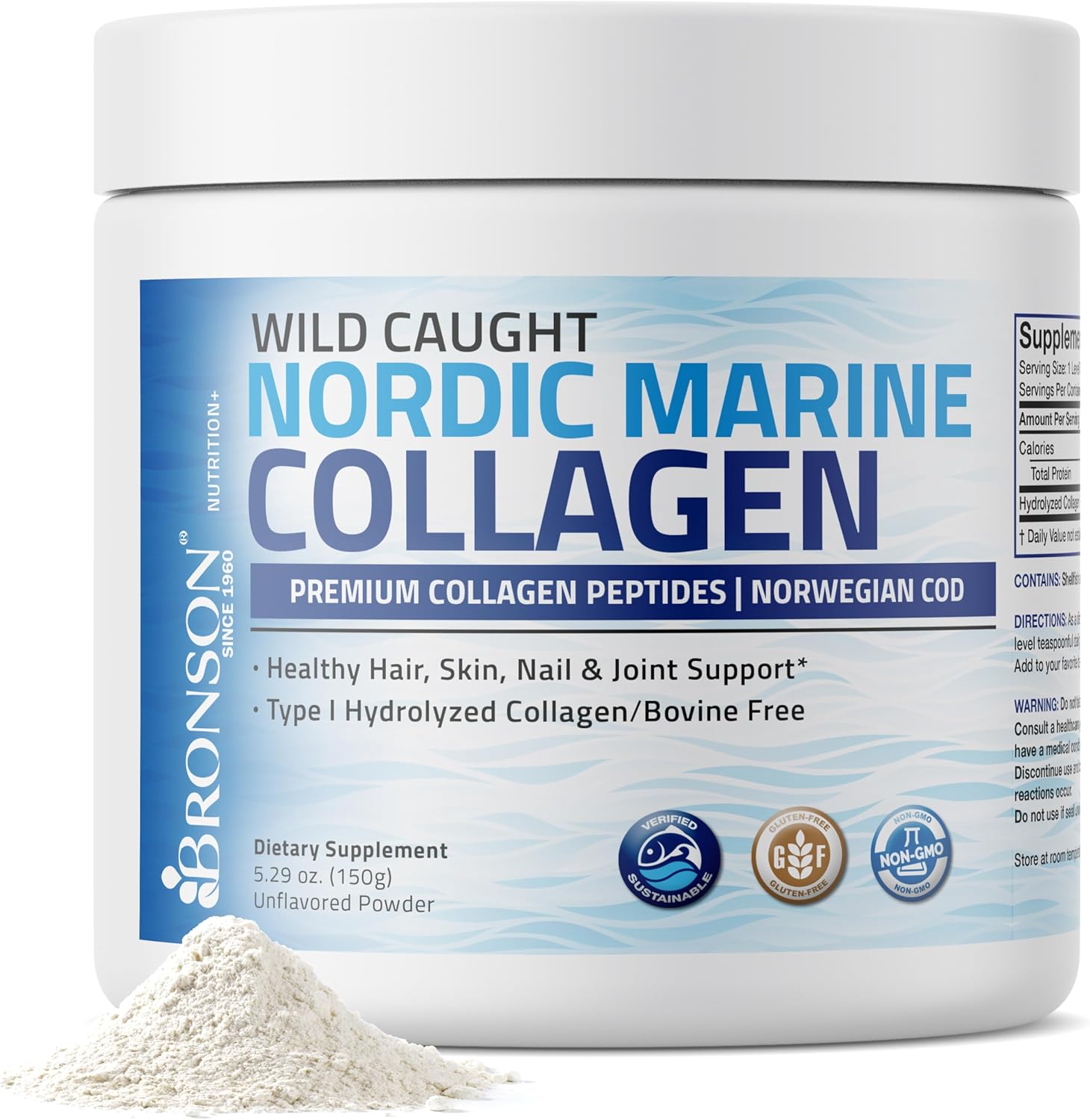 Bronson Marine Collagen Peptides Hydrolyzed Protein Powder 100% Wild Caught Nordic Cod Verified Sustainable Source for Joints Skin Hair Nails & Bones 150g (5.29oz)