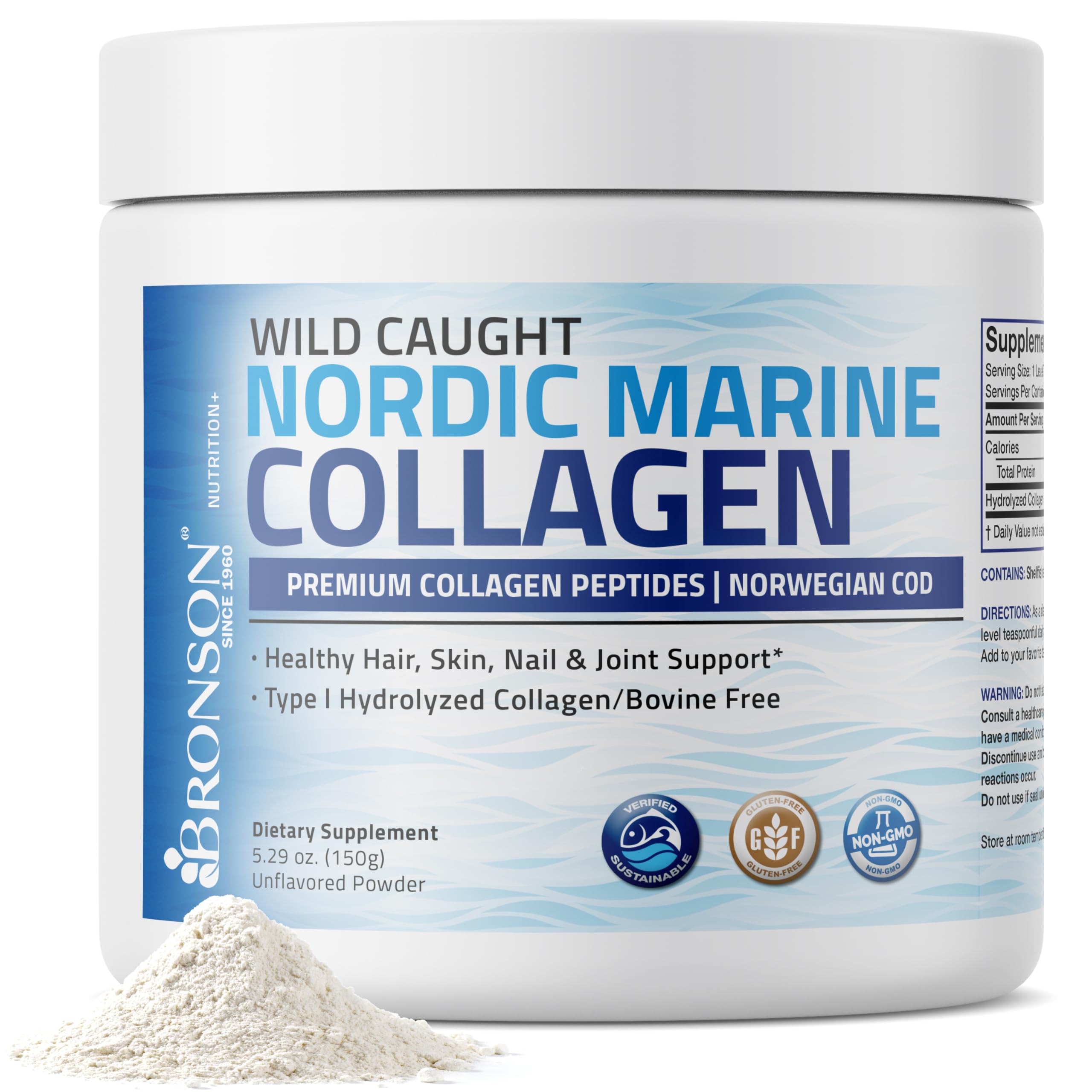 Marine Collagen Peptides Hydrolyzed Protein Powder 100% Wild Caught Nordic Cod Verified Sustainable Source for Joints Skin Hair Nails & Bones 150g (5.29oz)