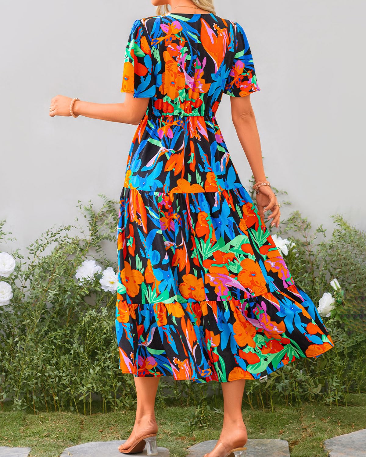 Zenlonr Vestidos de verano para mujer, estilo casual, de manga corta, cuello en V, con abertura, con botones, cordón, vestido largo para la playa