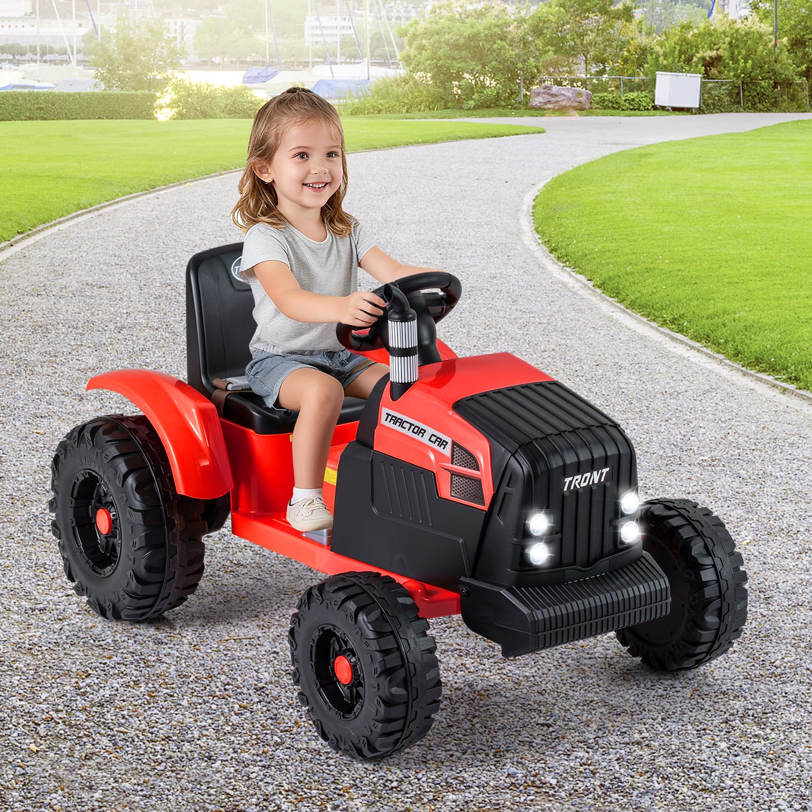 COSTWAY Elektro Traktor mit Anhänger, 24V Aufsitztraktor elektrisch inkl. Fernbedienung, Kindertraktor mit Musik, USB, Sanft-Start & LED Lichtern, Elektrotraktor für Kinder ab 3 Jahren (Rot)